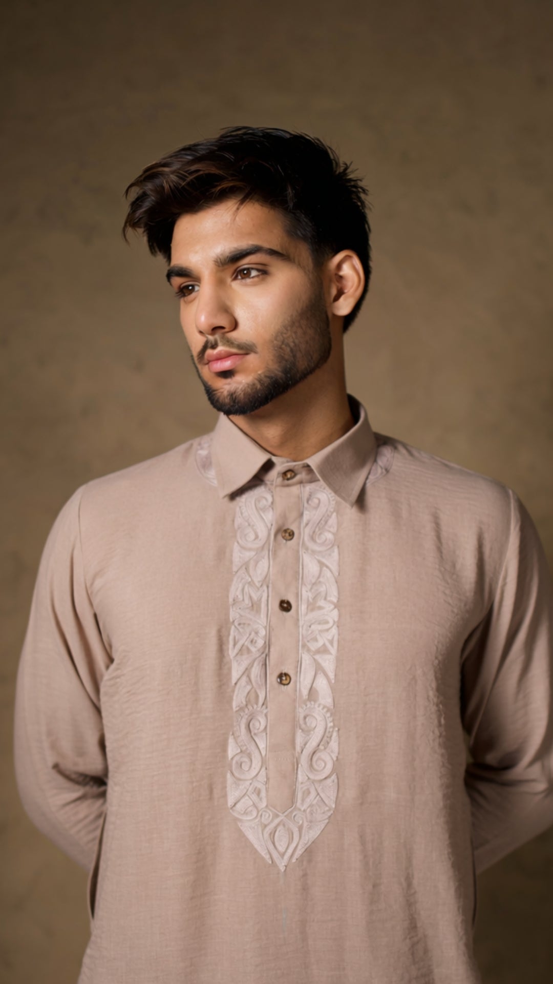 Beige Thread Embroidered Kurta Salwar