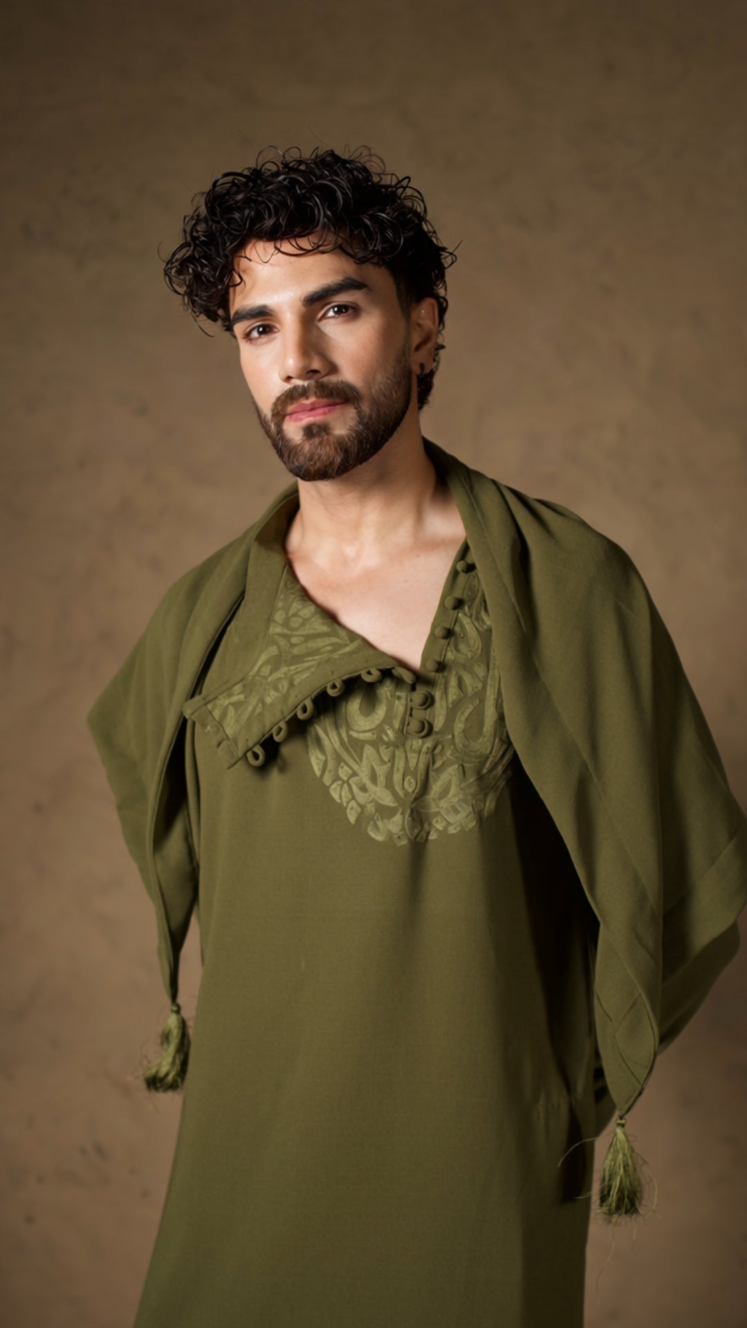 Green Embroidered Mongfol Kurta Salwar with Scarf
