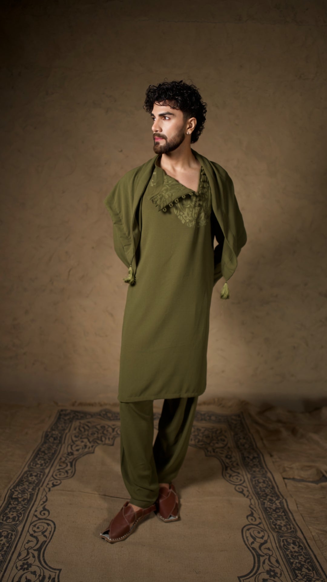 Green Embroidered Mongfol Kurta Salwar with Scarf