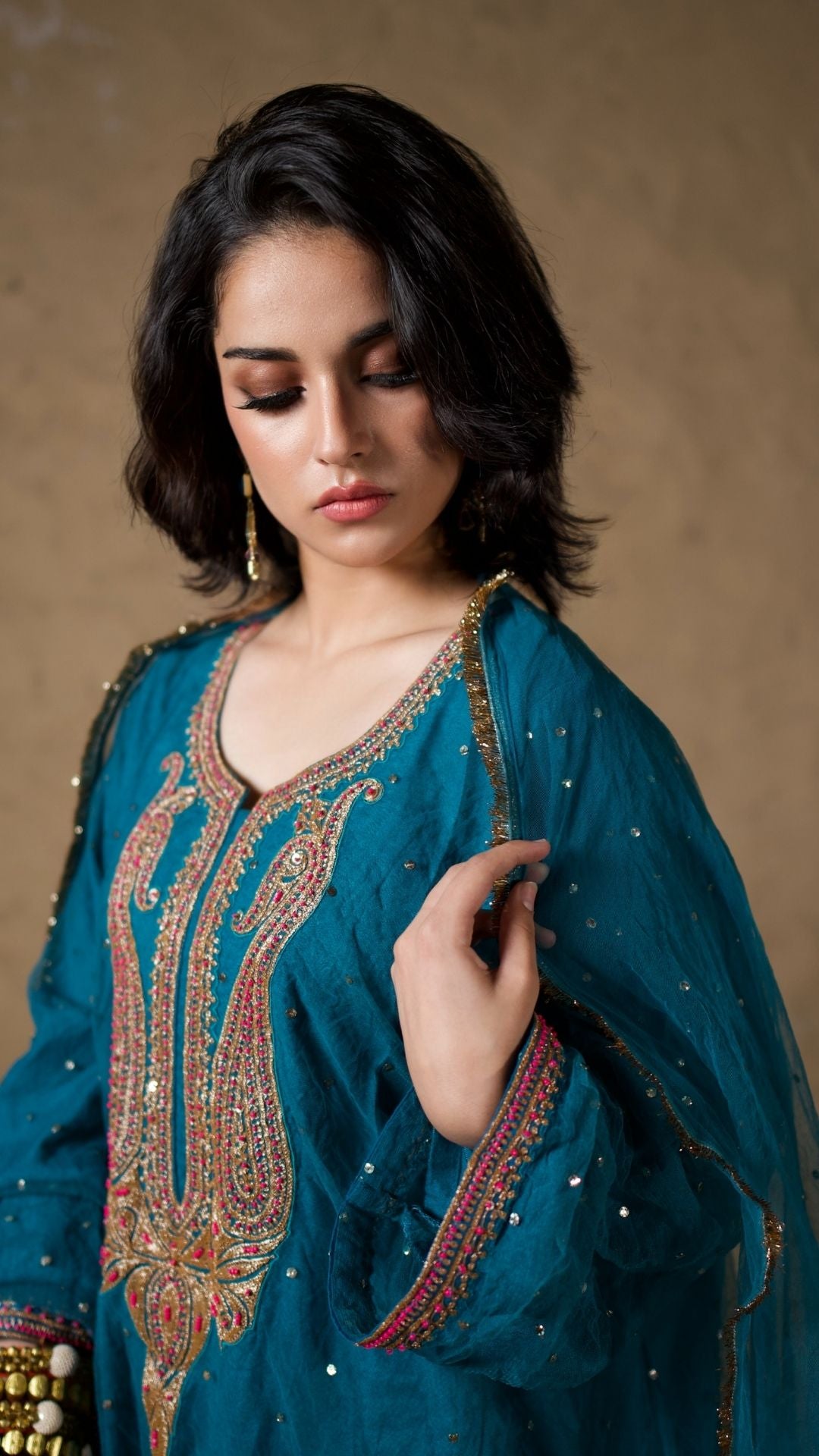 Blue Tilla and Hand Embroidered Pheran Salwar Dupatta