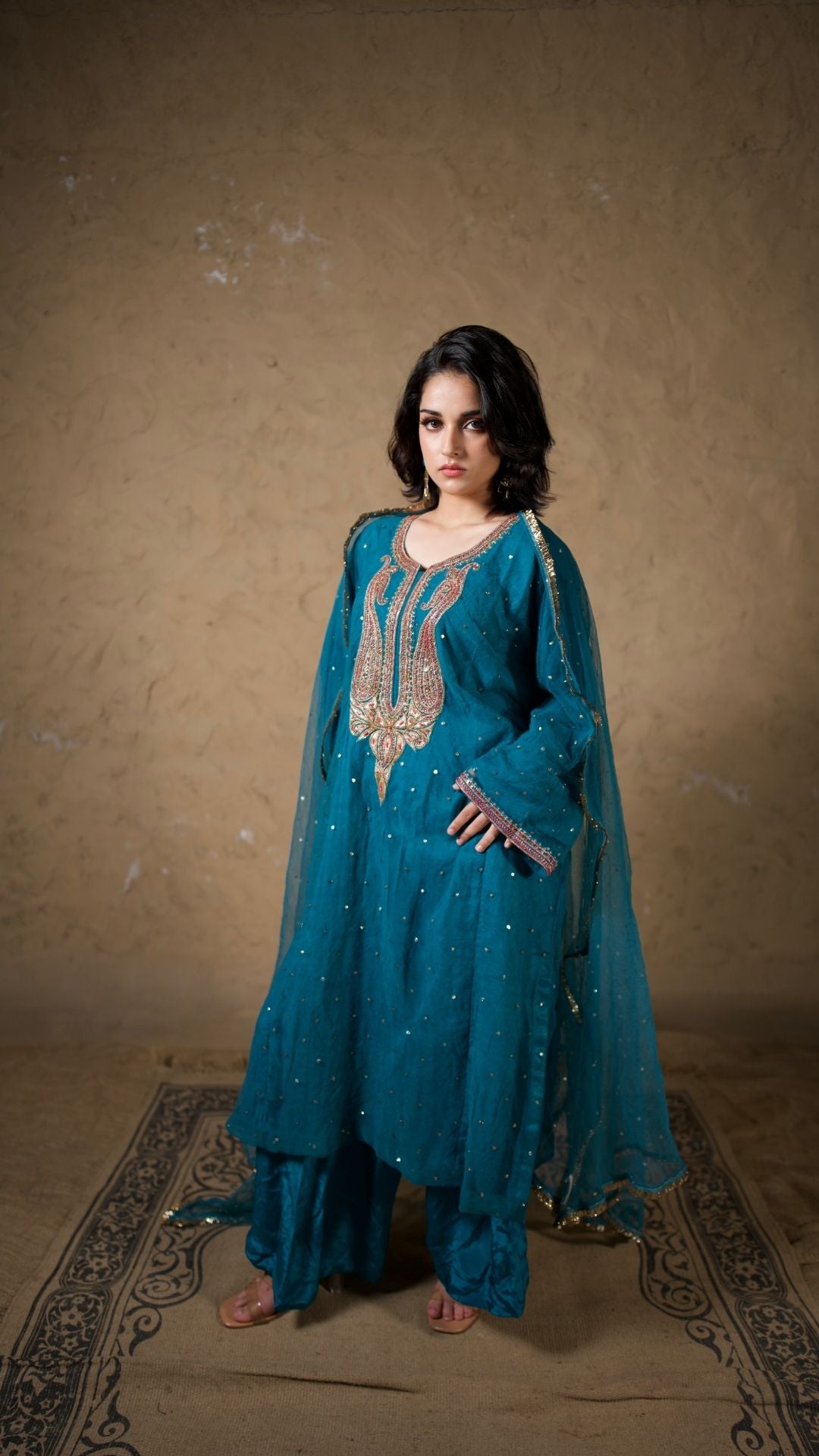 Blue Tilla and Hand Embroidered Pheran Salwar Dupatta
