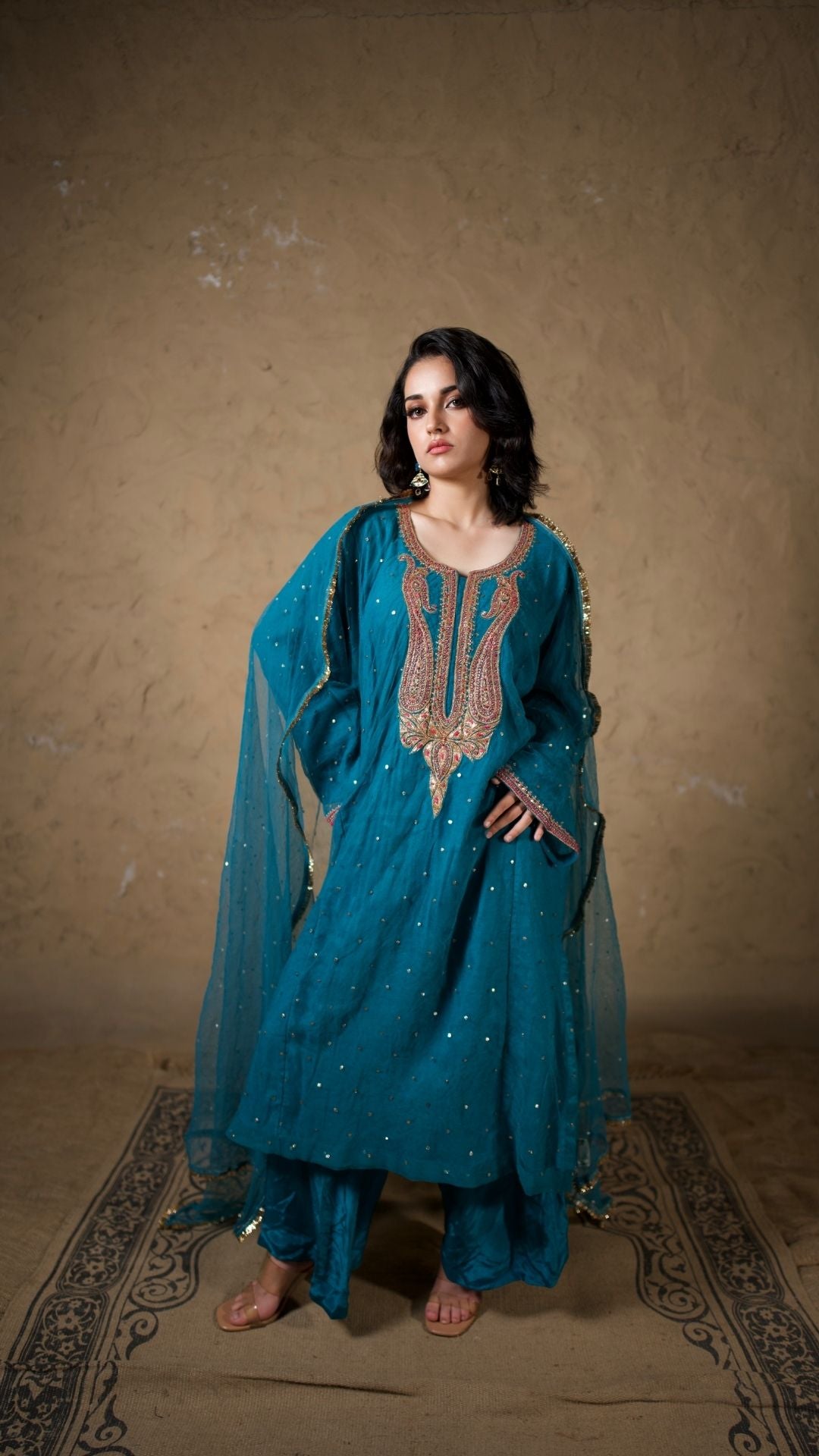 Blue Tilla and Hand Embroidered Pheran Salwar Dupatta