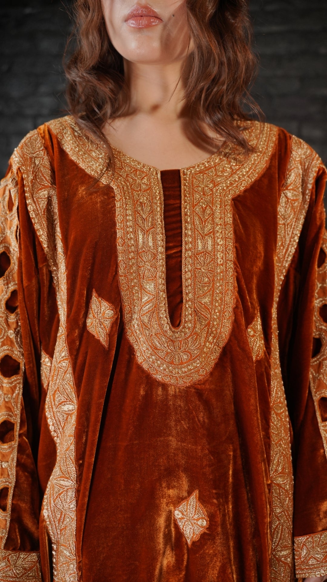 Rust Tilla Embroidered Pheran Salwar with Organza Dupatta