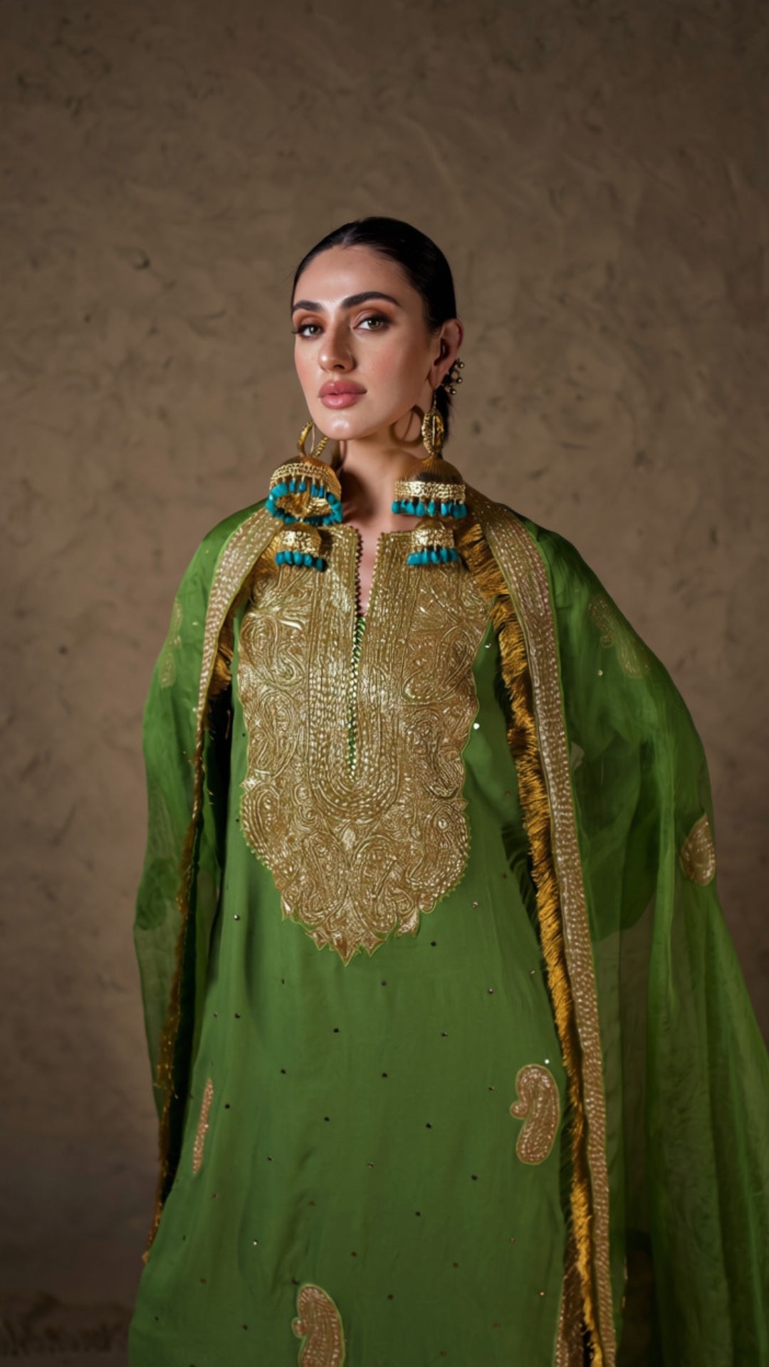 Green Tilla Embroidered Kurta Palazzo Organza Dupatta