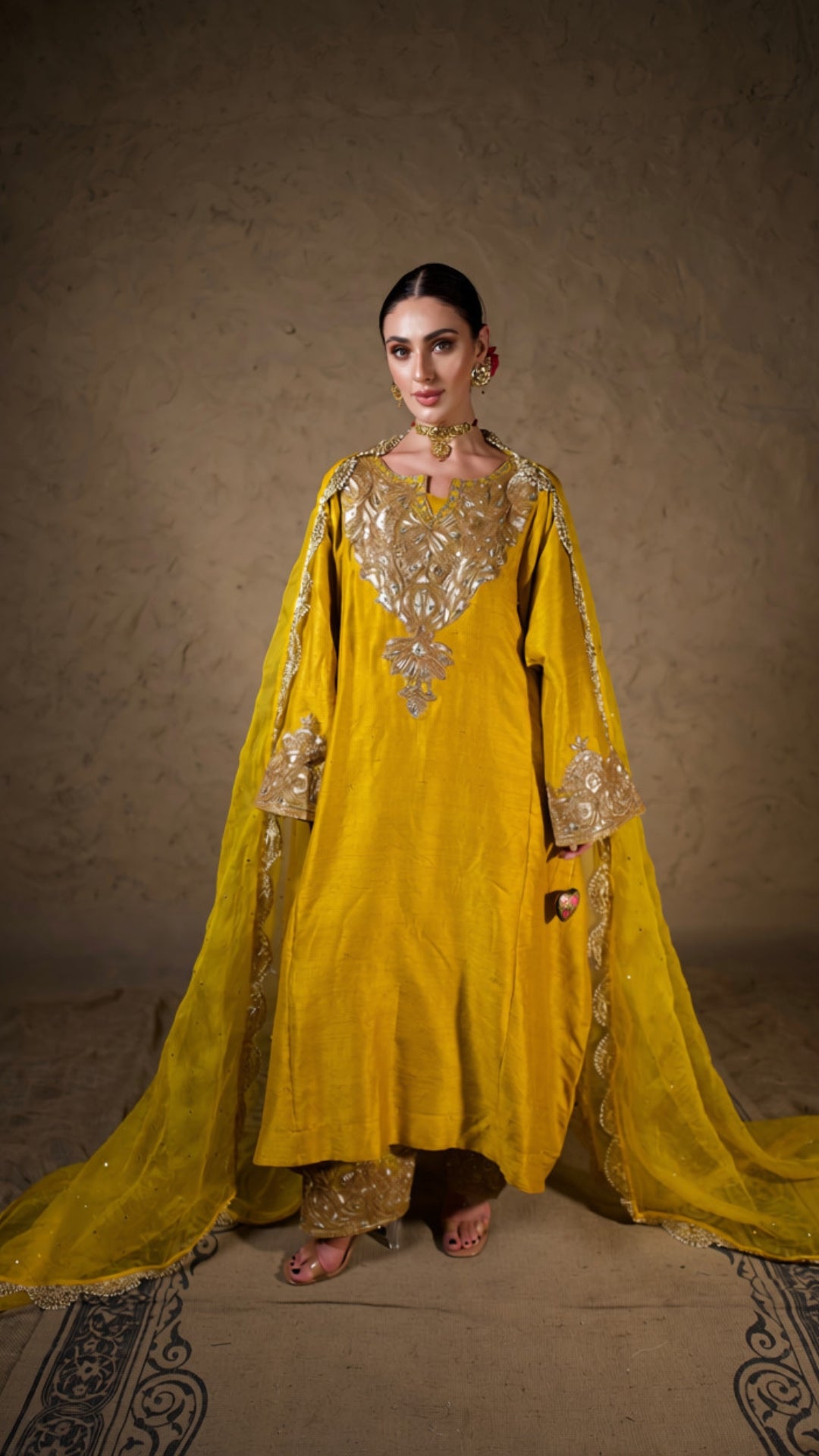 Mustard Tilla Embroidered Pheran Salwar with Dupatta