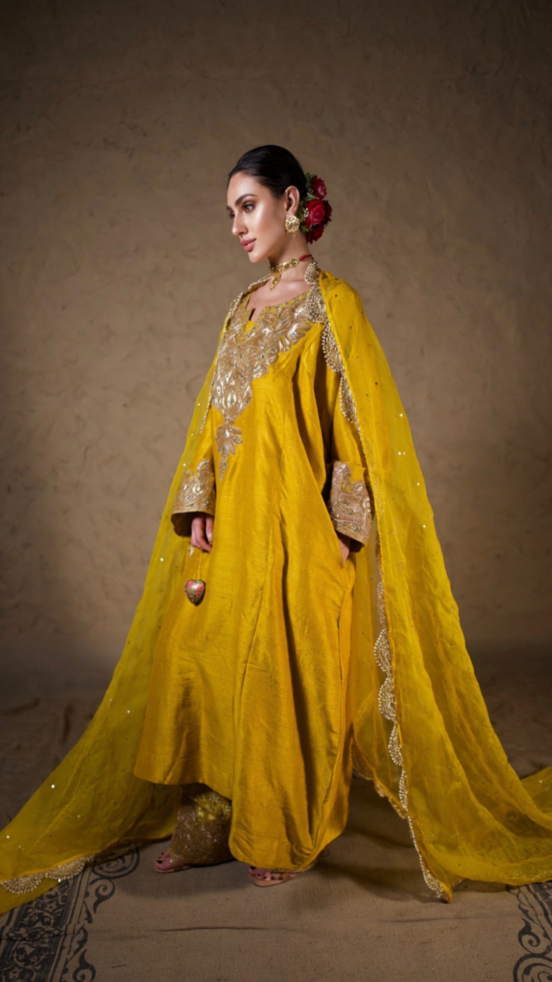 Mustard Tilla Embroidered Pheran Salwar with Dupatta