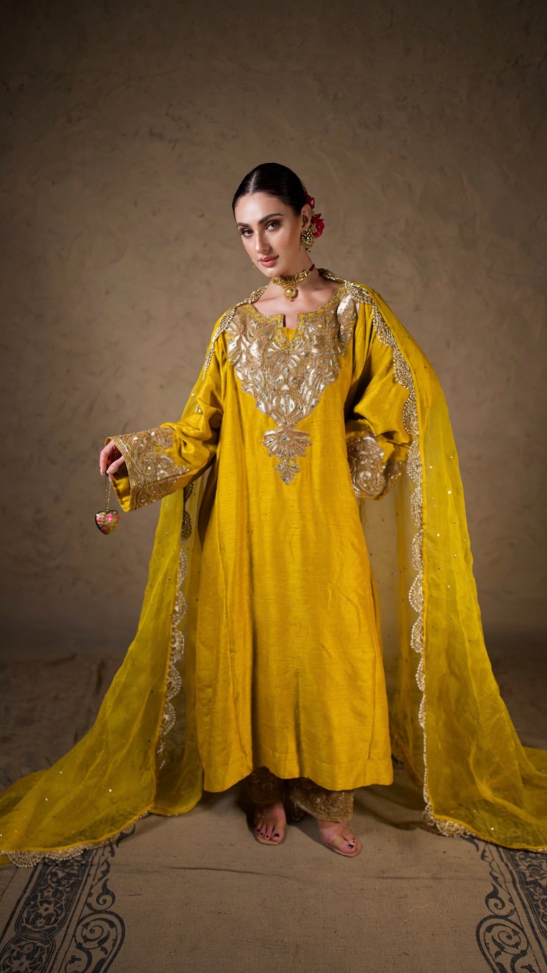 Mustard Tilla Embroidered Pheran Salwar with Dupatta