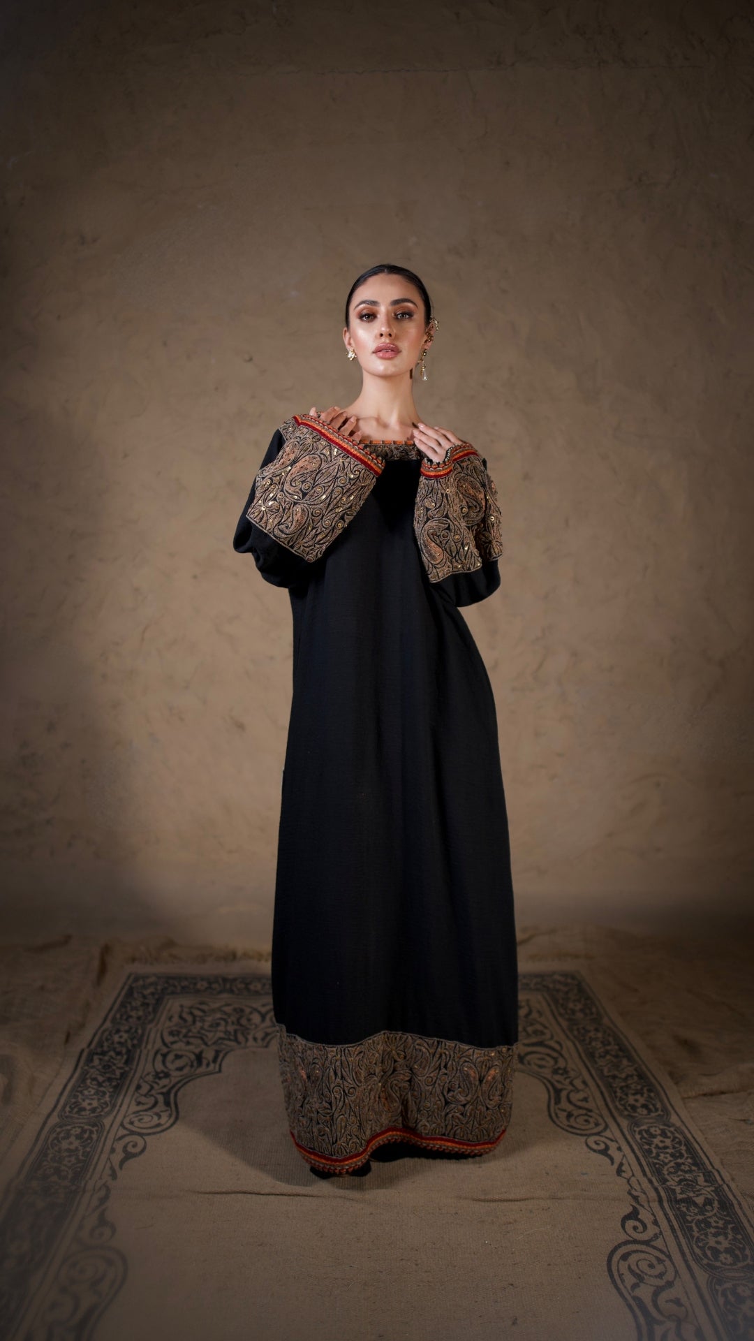 Black Tilla and Hand Embroidered Longline Kurta Salwar Stole