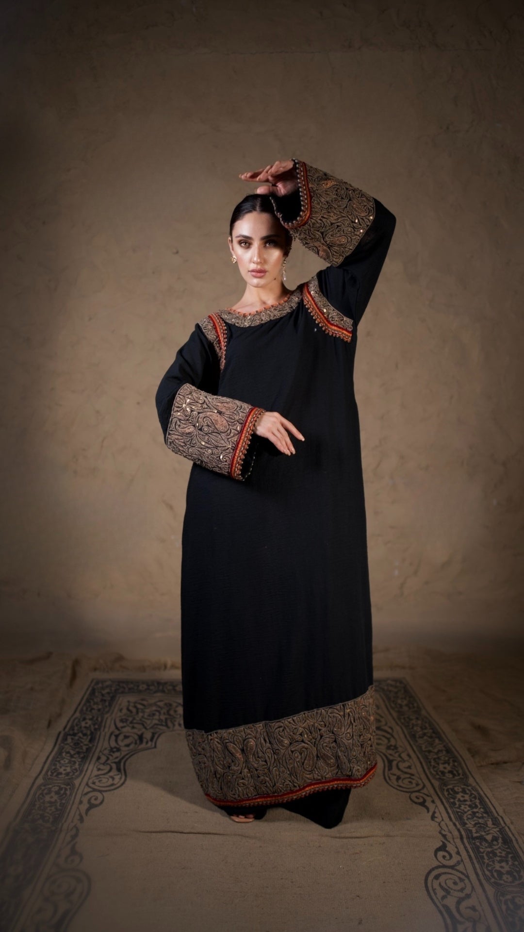Black Tilla and Hand Embroidered Longline Kurta Salwar Stole