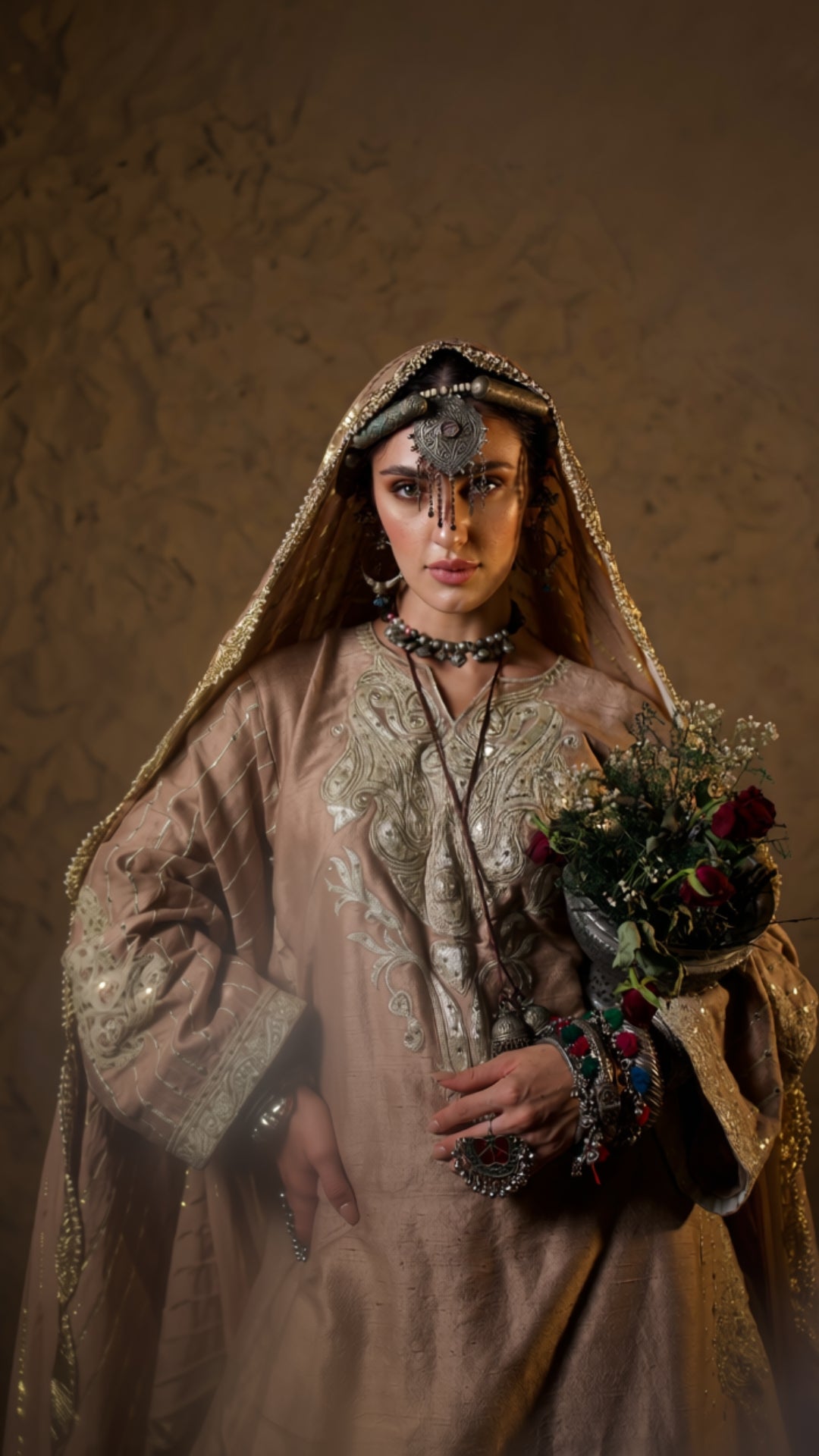Potato Beige Tilla Embroidered Pheran Salwar with Dupatta