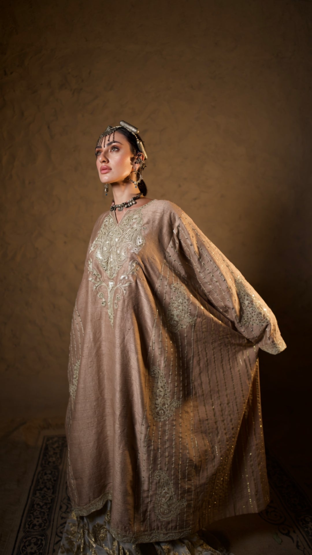 Potato Beige Tilla Embroidered Pheran Salwar with Dupatta