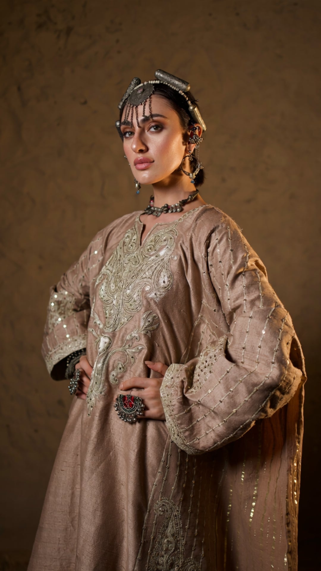 Potato Beige Tilla Embroidered Pheran Salwar with Dupatta