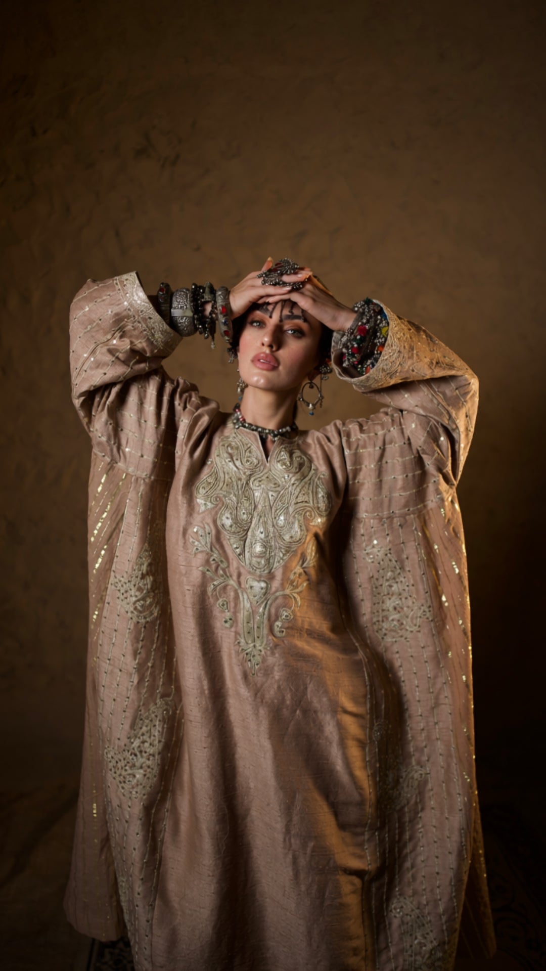 Potato Beige Tilla Embroidered Pheran Salwar with Dupatta