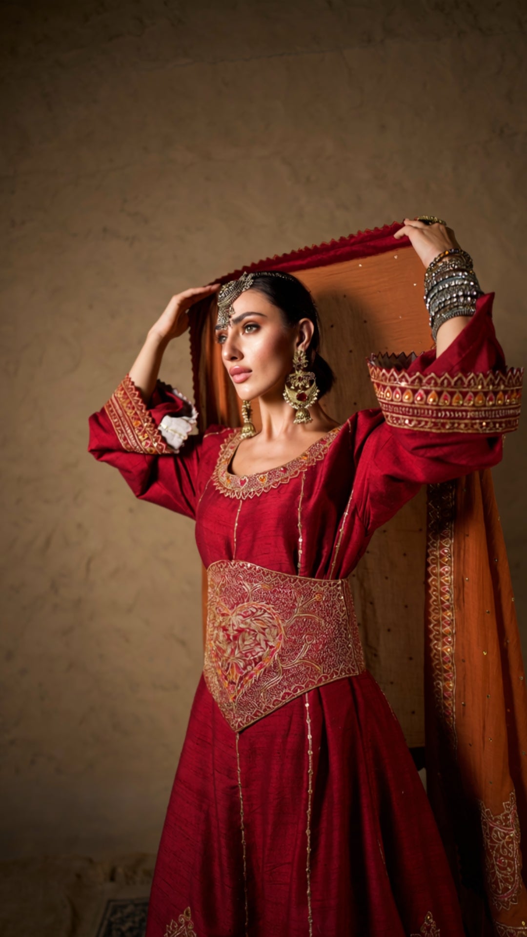 Maroon Tilla Embroidered Kalidar Corset & Kali Sharara with Embroidered Dupatta