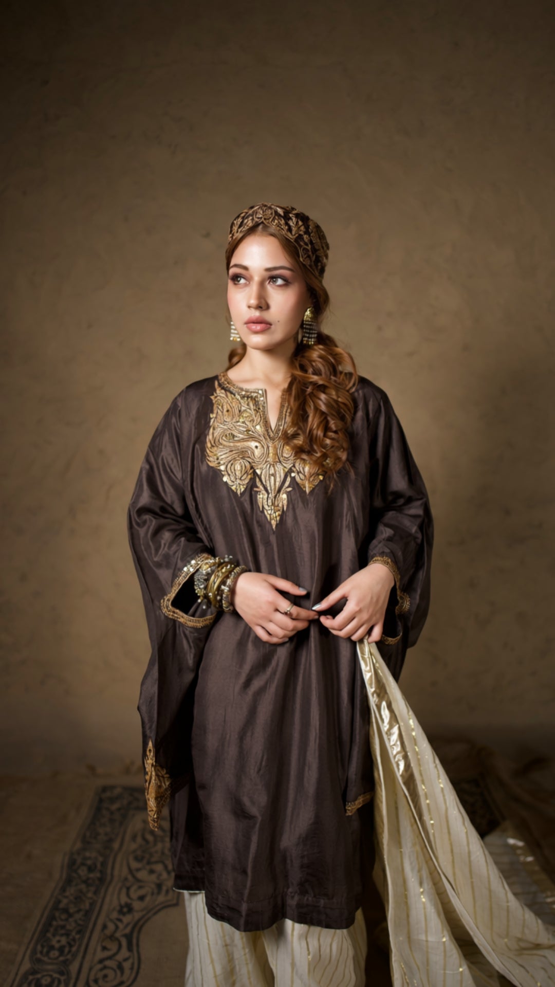 Brown Qurab Sleeve Pheran Farshi Salwar with Dupatta