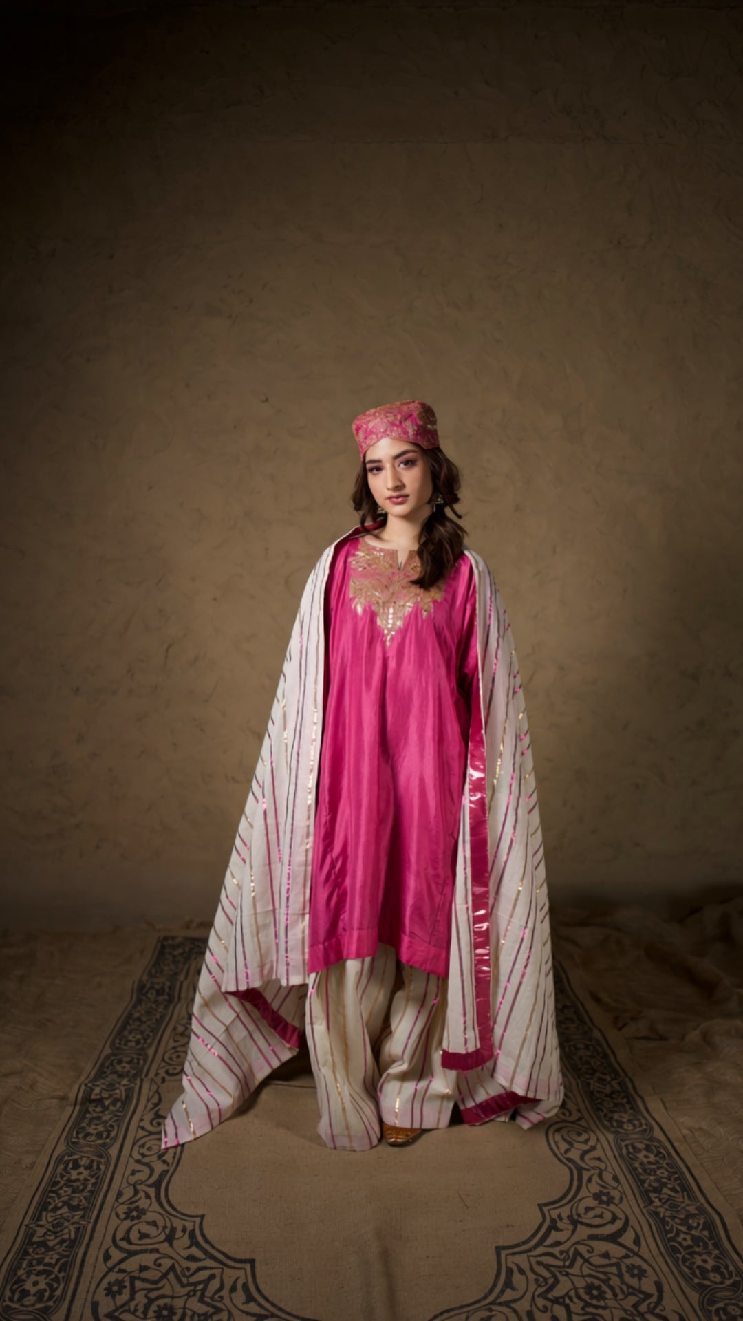 Pink Qurab Sleeve Pheran Farshi Salwar with Dupatta