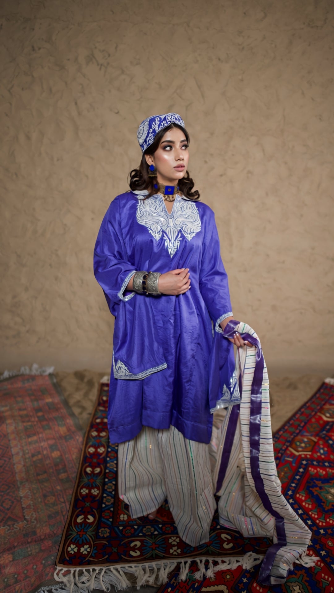 Blue Qurab Sleeve Pheran Farshi Salwar with Dupatta
