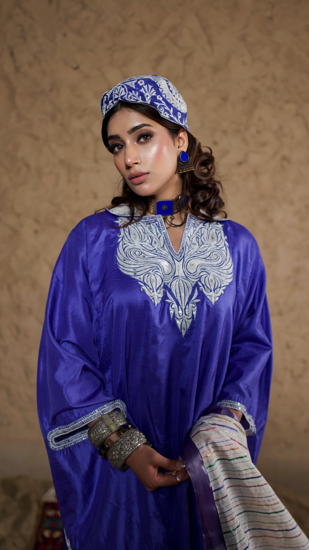 Blue Qurab Sleeve Pheran Farshi Salwar with Dupatta
