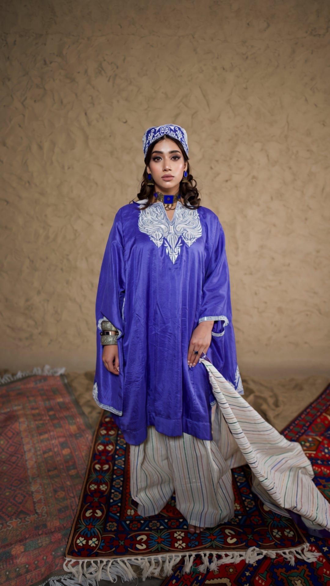 Blue Qurab Sleeve Pheran Farshi Salwar with Dupatta