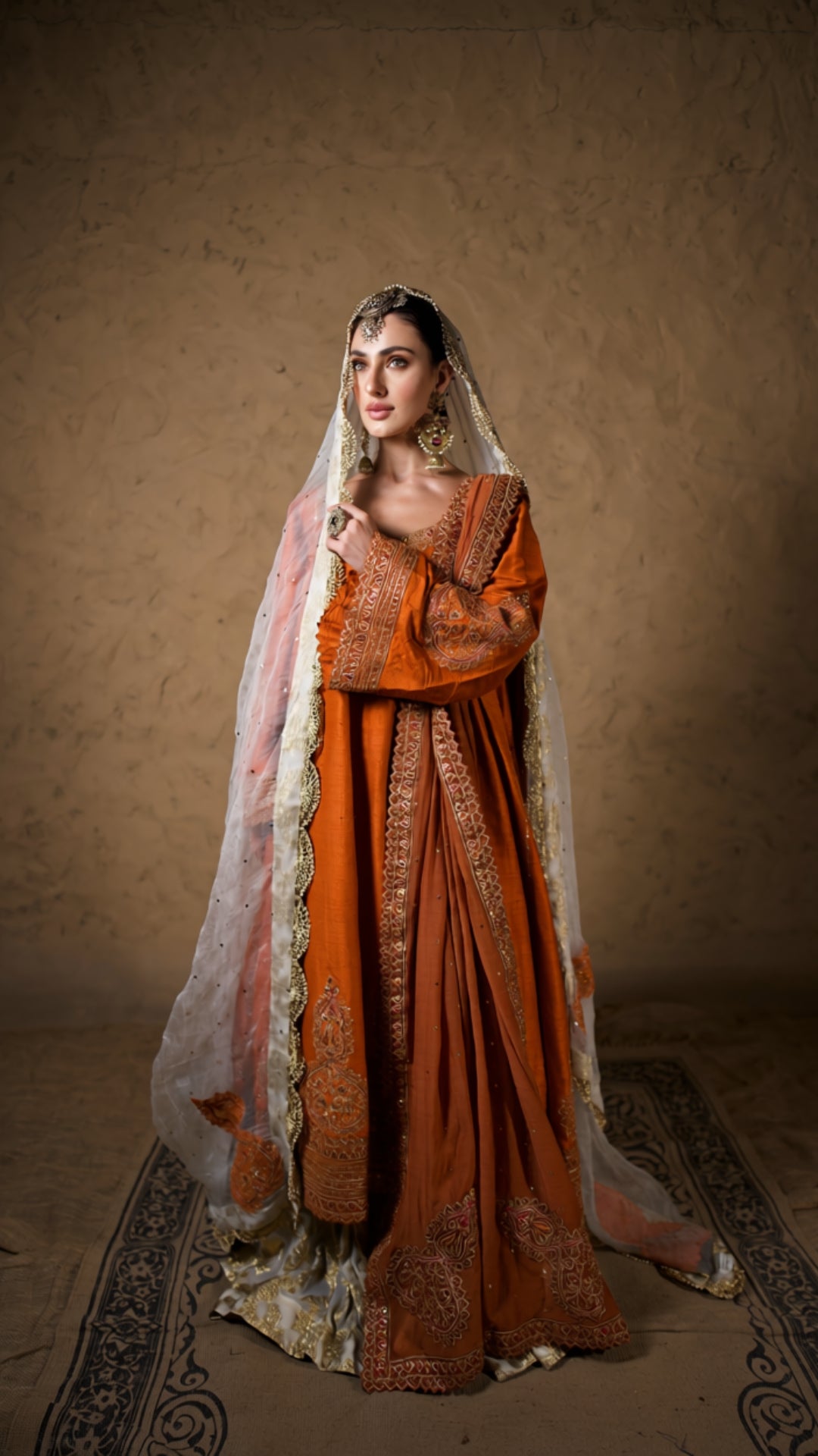 Burnt Orange Tilla Embroidered Kalidar & Kali Sharara with Embroidered Dupatta