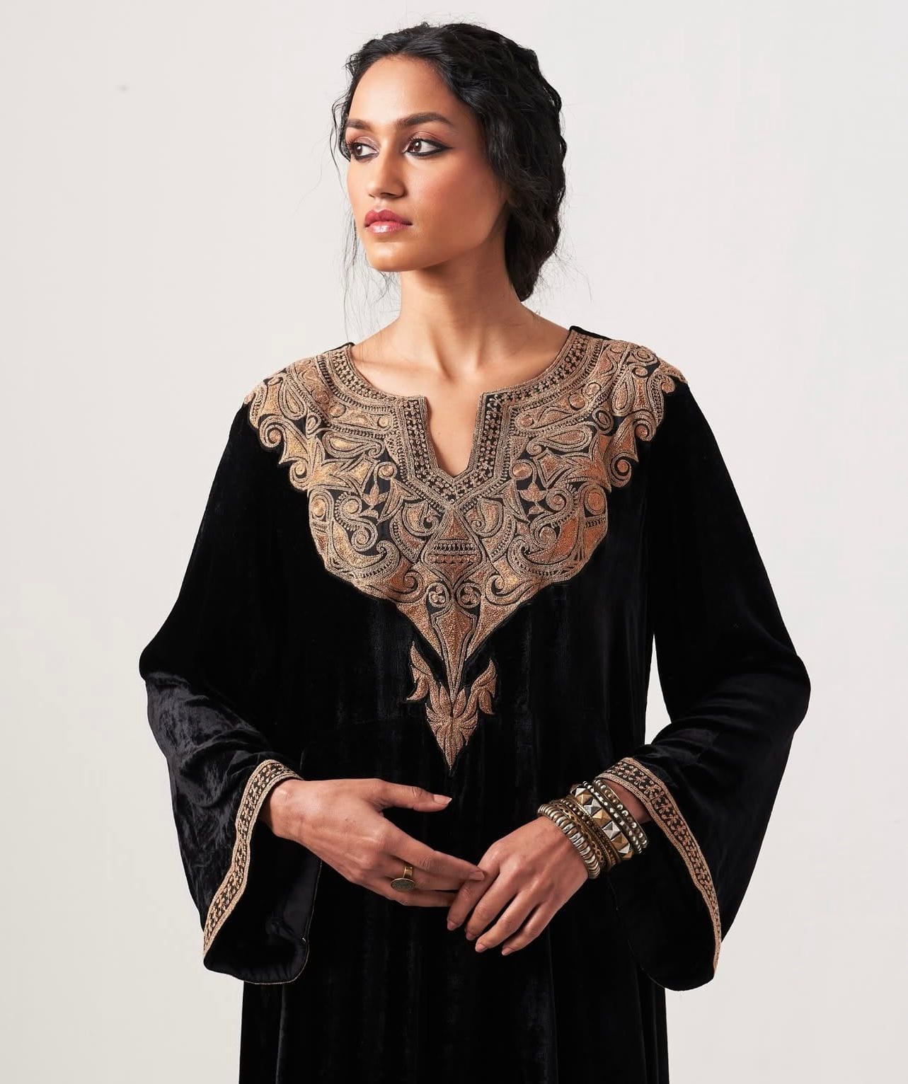 Black Tilla Embroidered Longline Flared Tunic