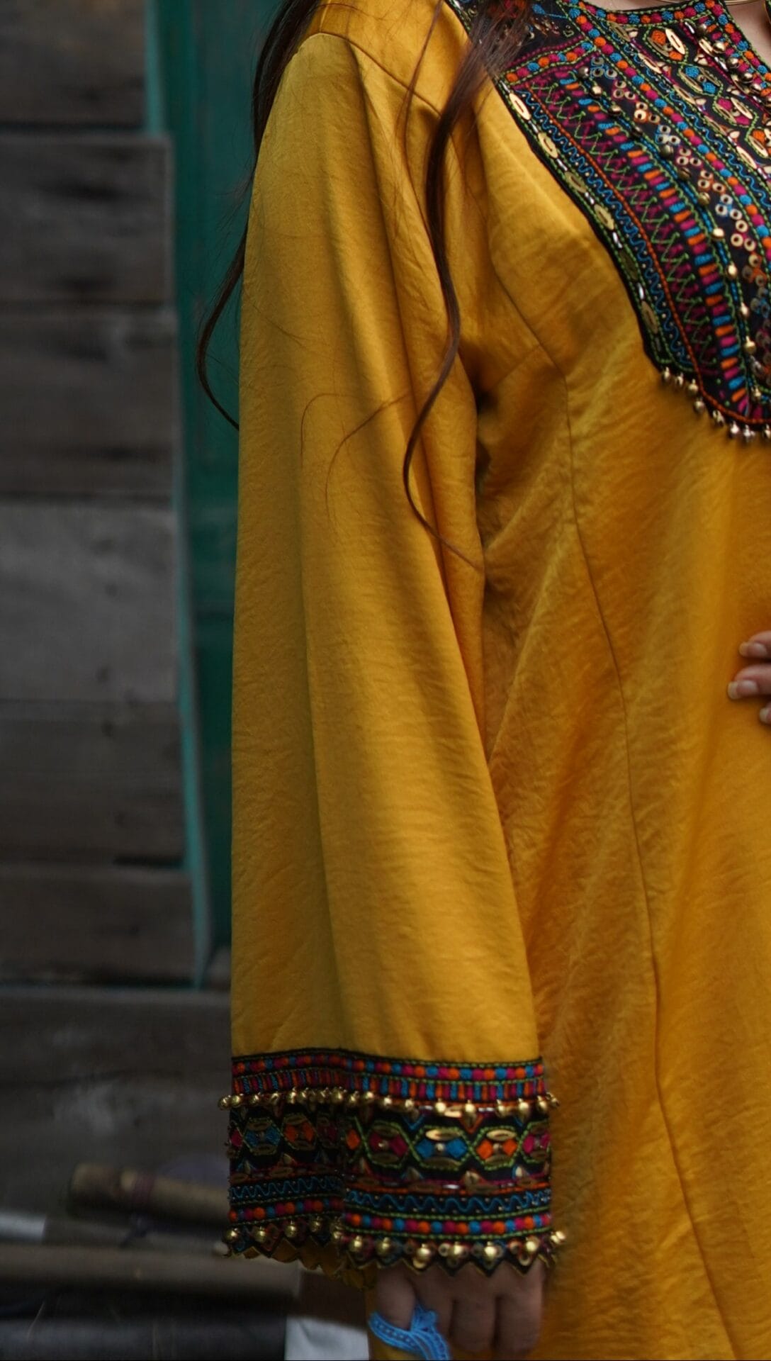 Mustard Hand Embroidered Kaftaan Salwar Organza Dupatta