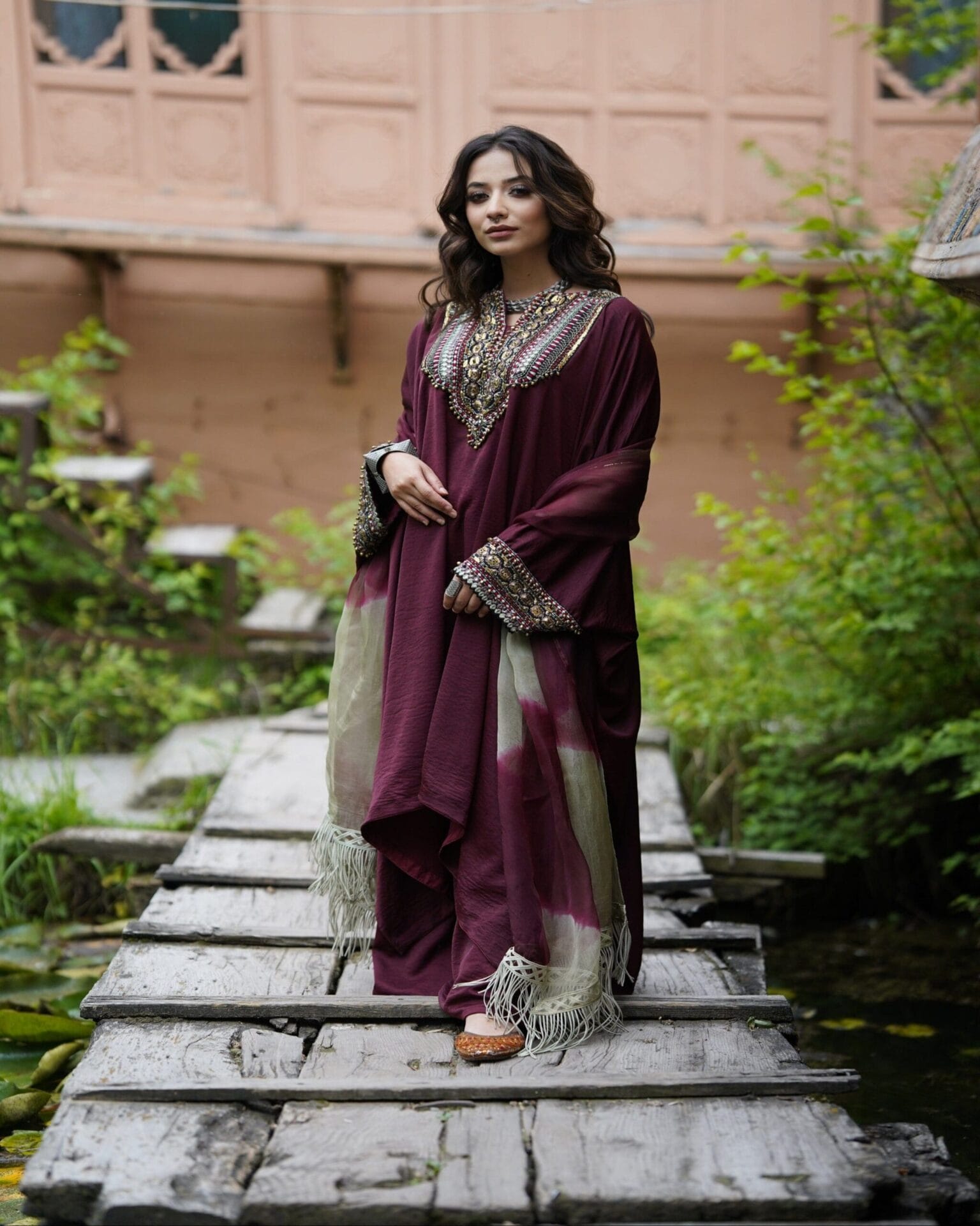 Maroon Hand Embroidered Kaftaan Palazzo Organza Dupatta