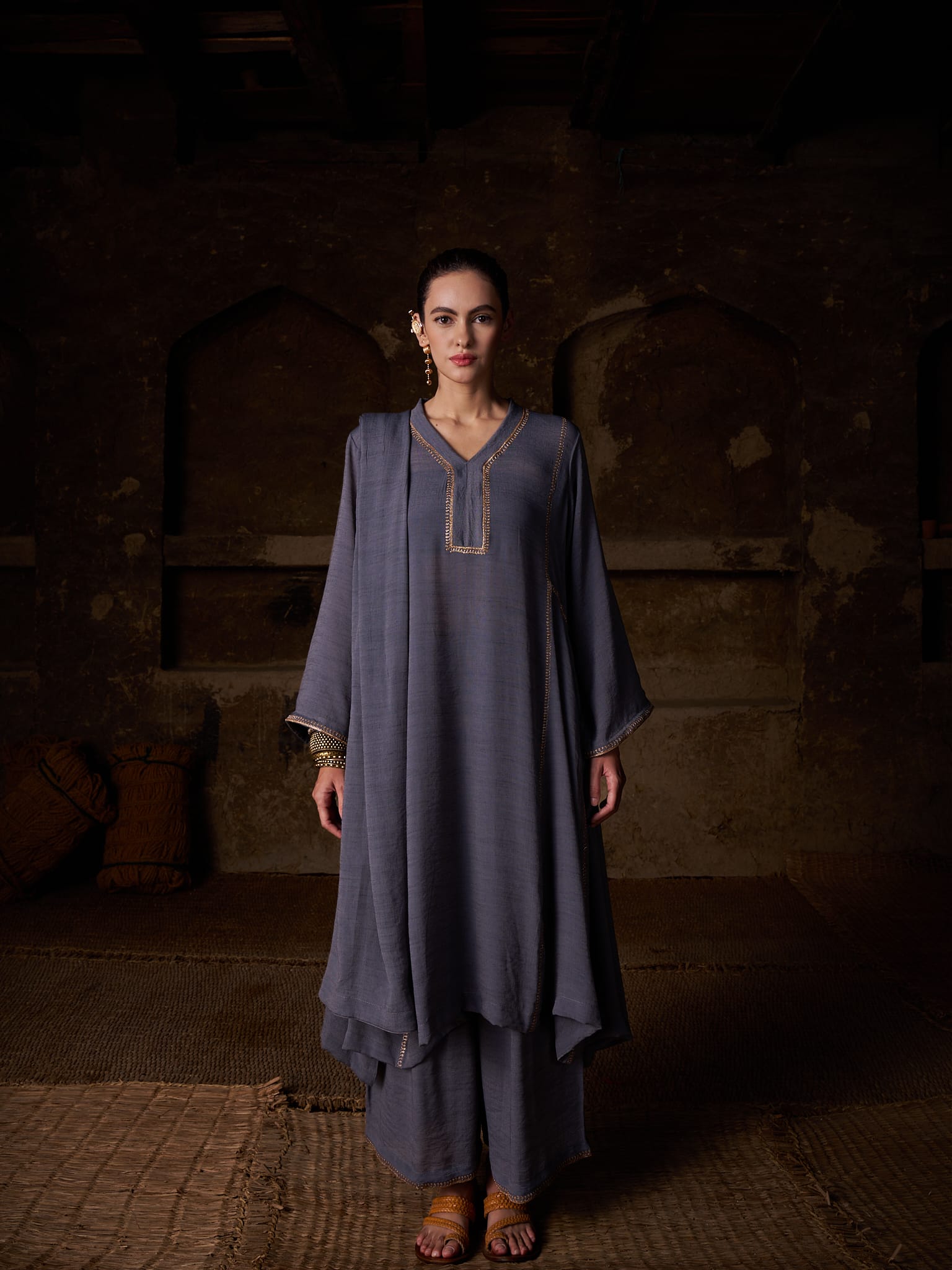 Grey Tilla Embroidered Round Kurta Palazzo Linen Crepe Dupatta