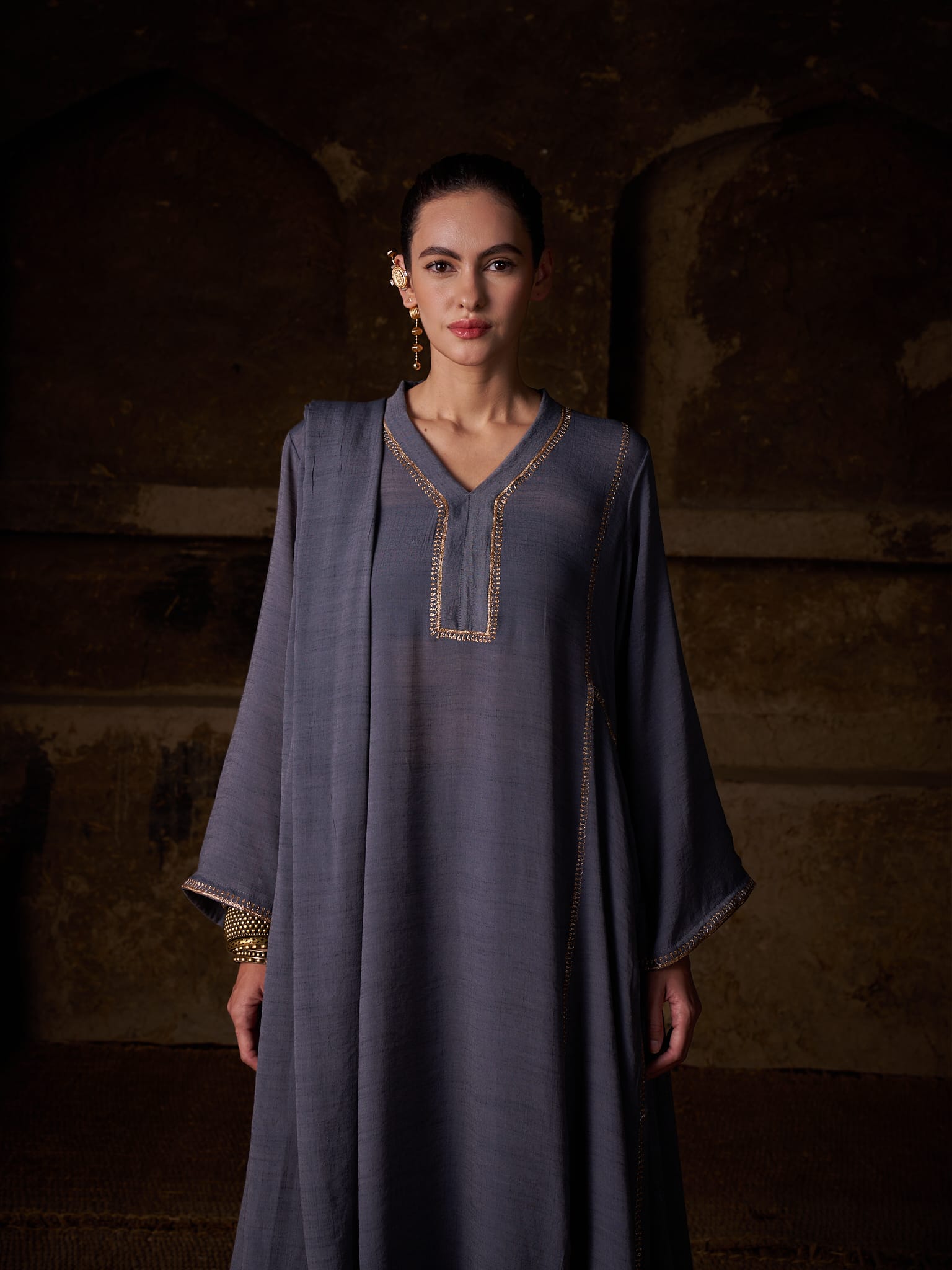 Grey Tilla Embroidered Round Kurta Palazzo Linen Crepe Dupatta
