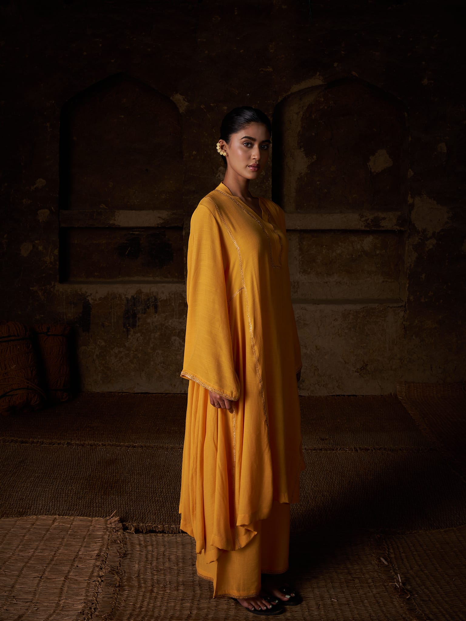 Yellow Tilla Embroidered Round Kurta Palazzo Linen Crepe Dupatta