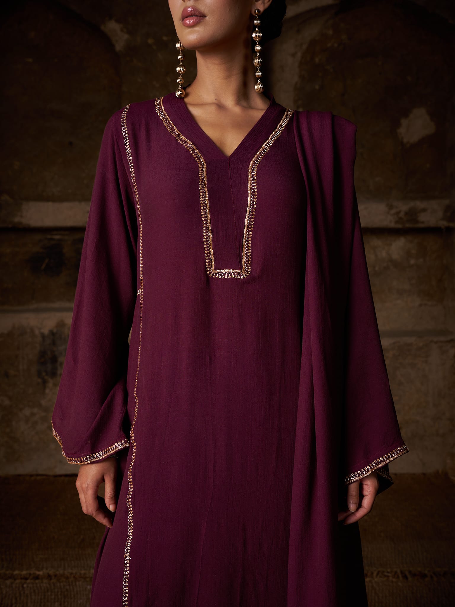 Maroon Tilla Embroidered Round Kurta Palazzo Linen Crepe Dupatta