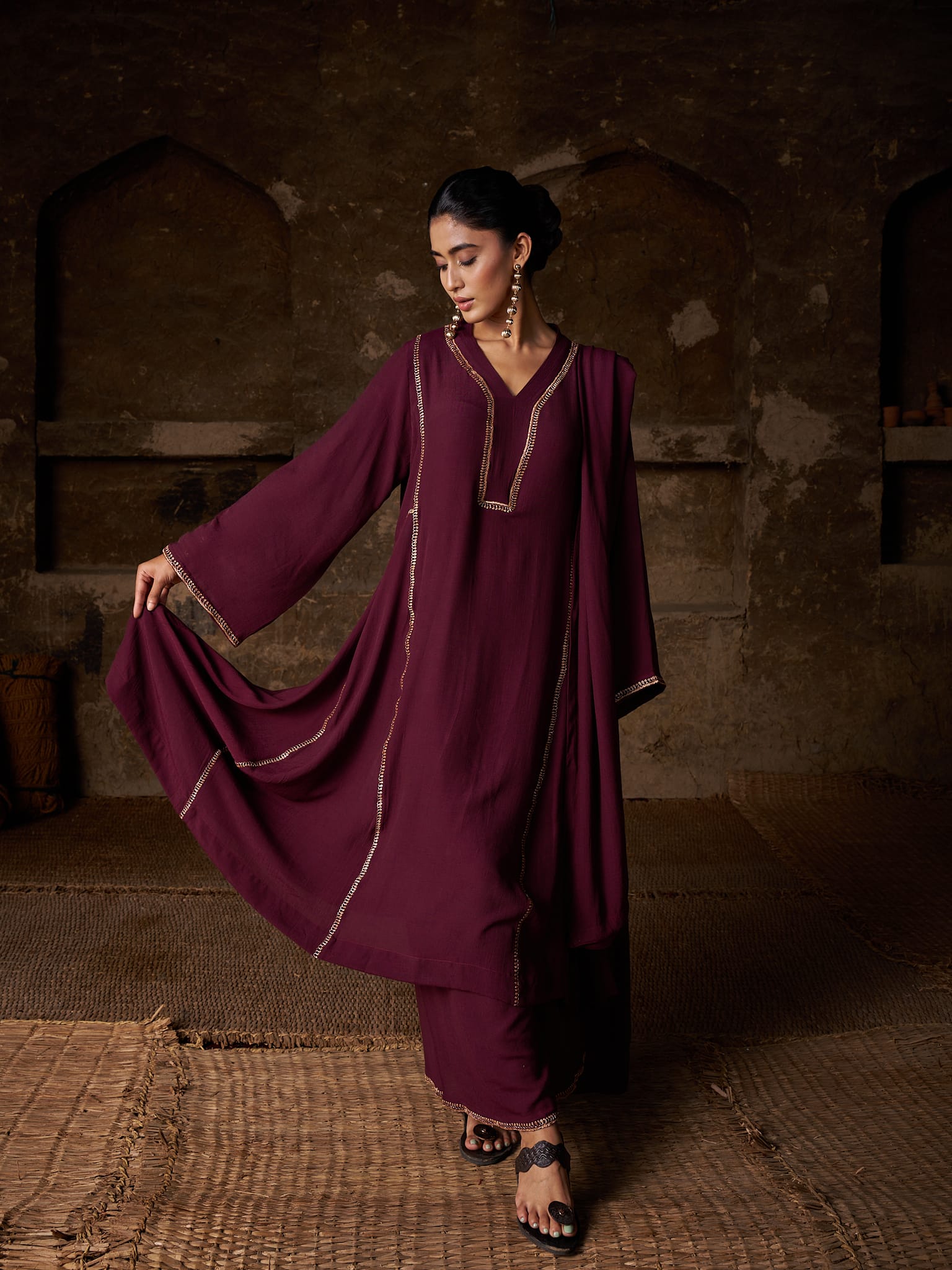 Maroon Tilla Embroidered Round Kurta Palazzo Linen Crepe Dupatta
