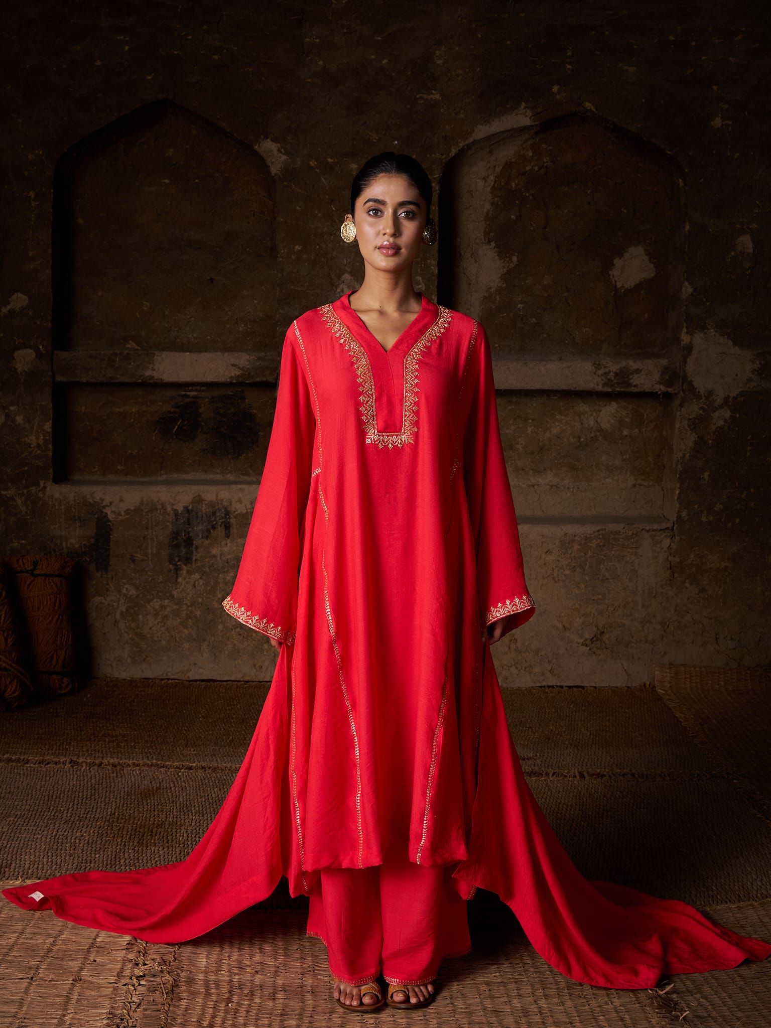 Red Tilla Embroidered Round Kurta palazzo Linen Crepe Dupatta