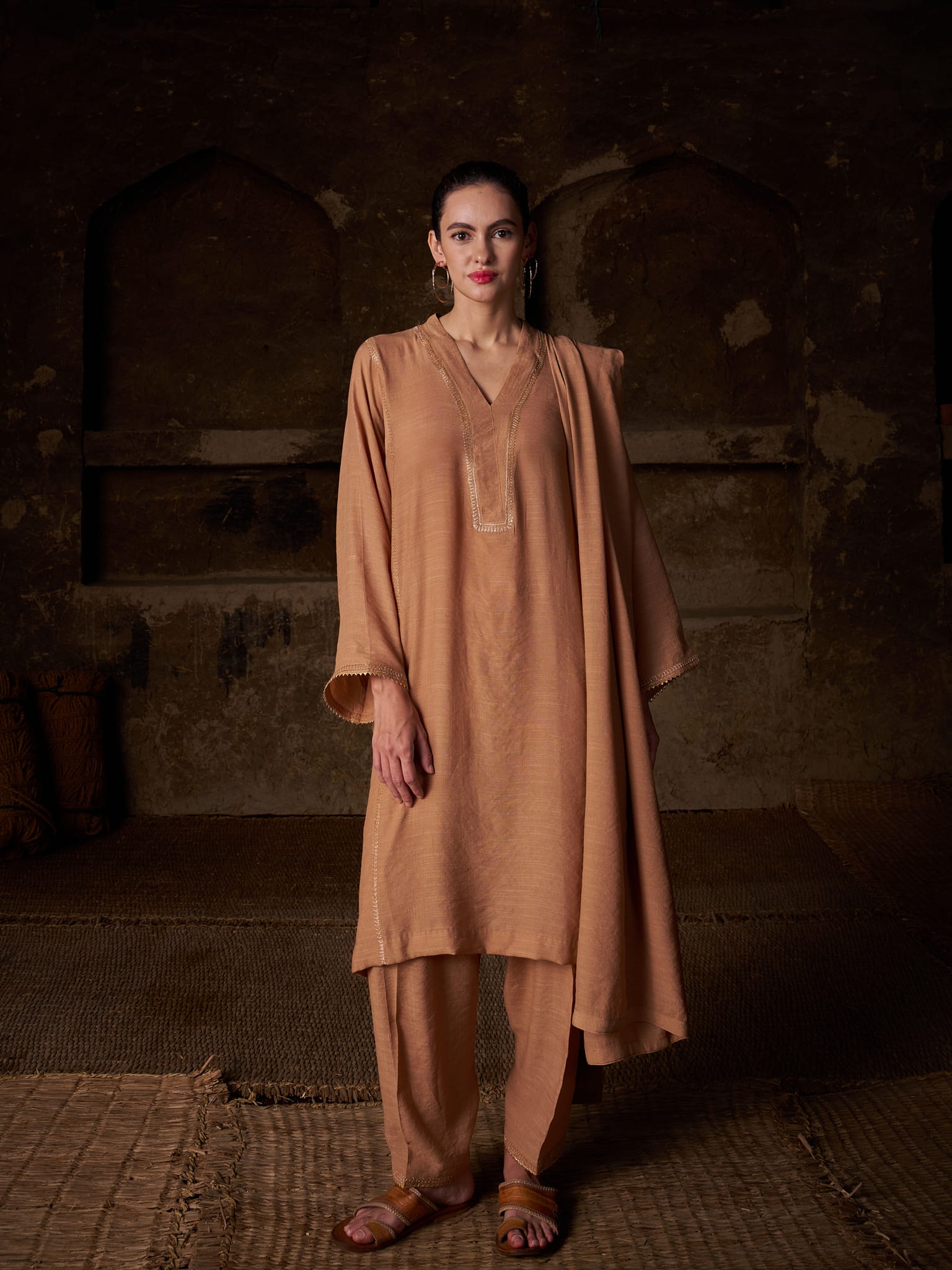 Beige Tilla Embroidered Kurta salwar Linen Crepe Dupatta
