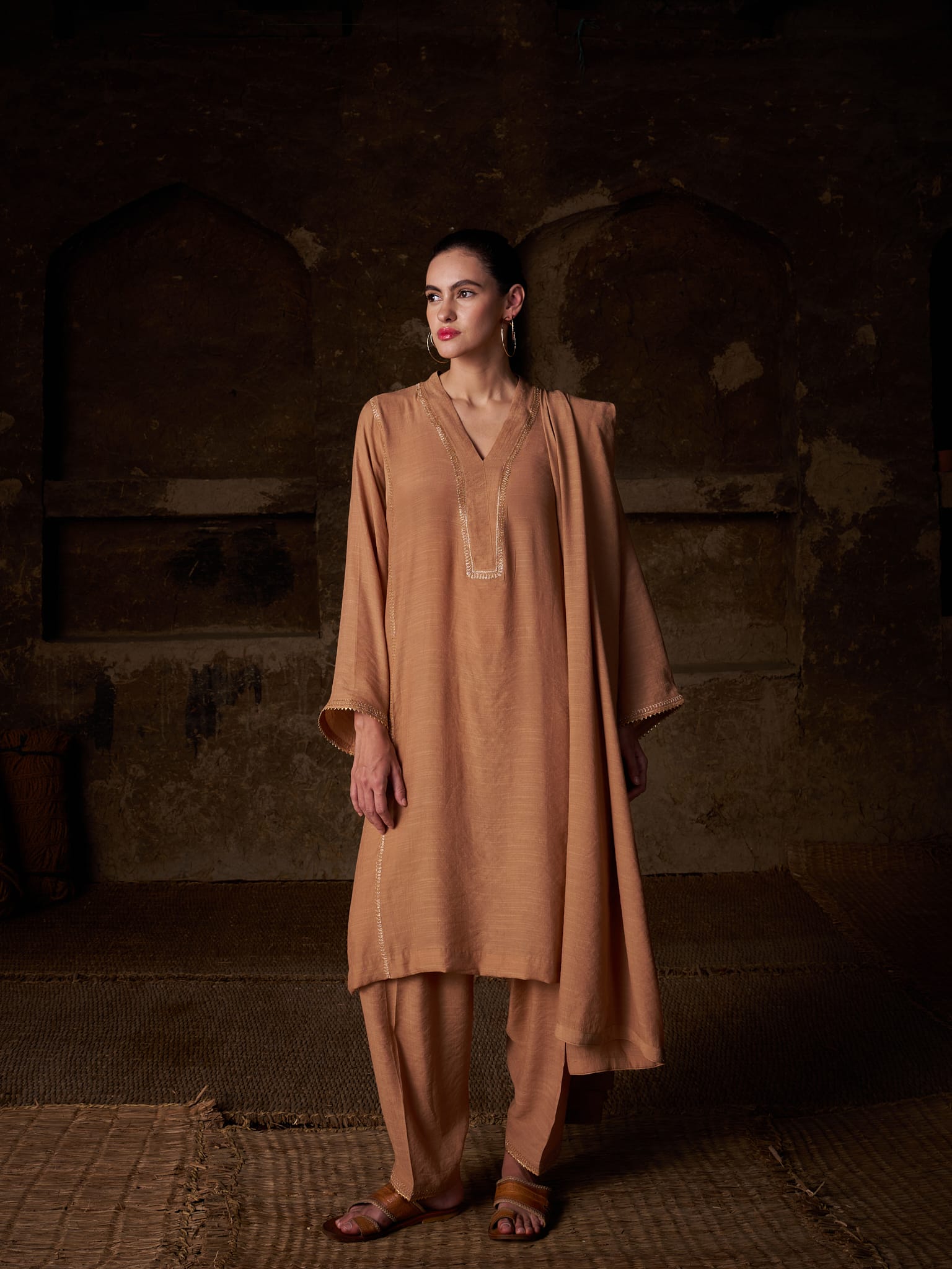 Beige Tilla Embroidered Kurta salwar Linen Crepe Dupatta