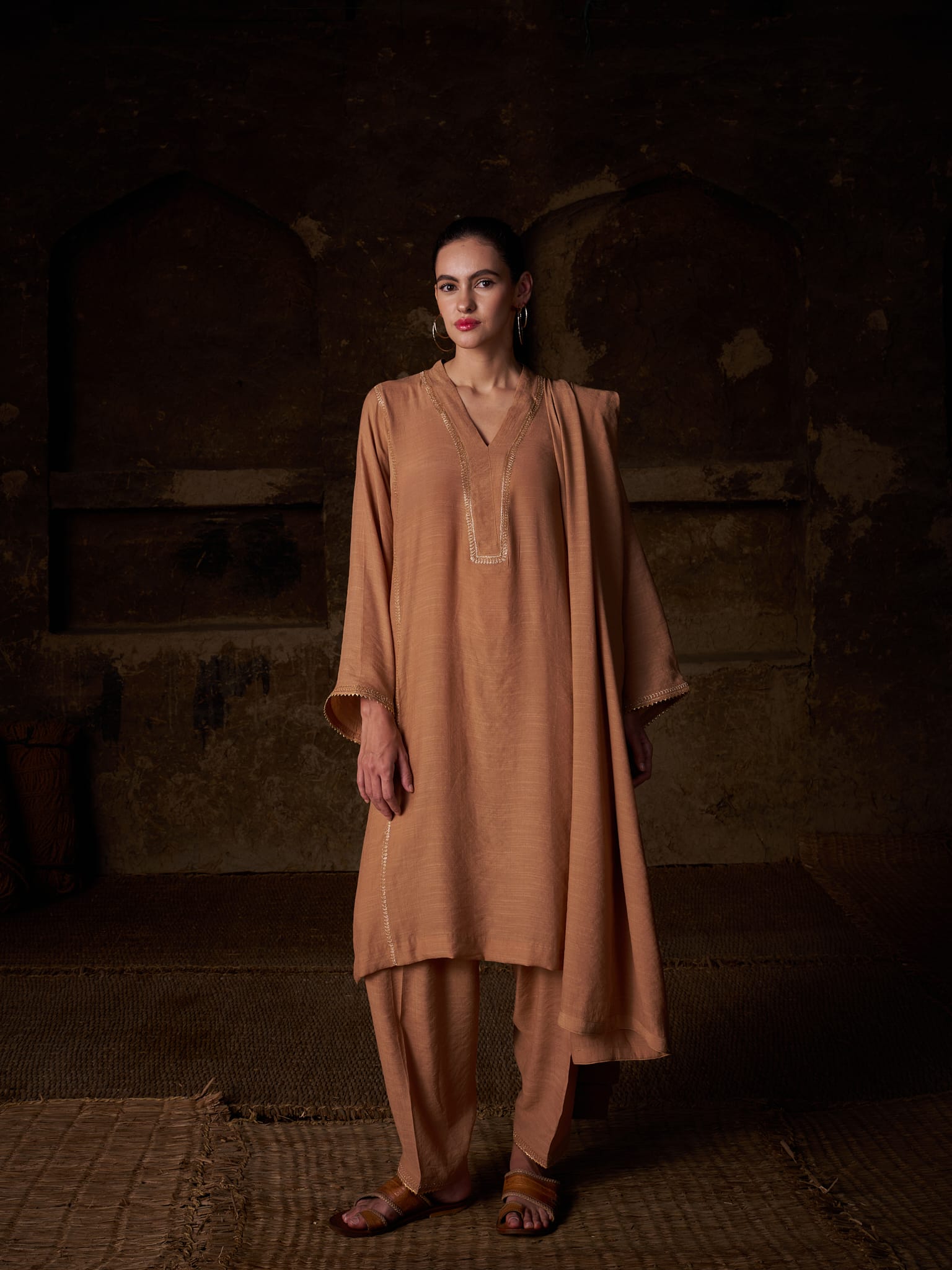 Beige Tilla Embroidered Kurta salwar Linen Crepe Dupatta