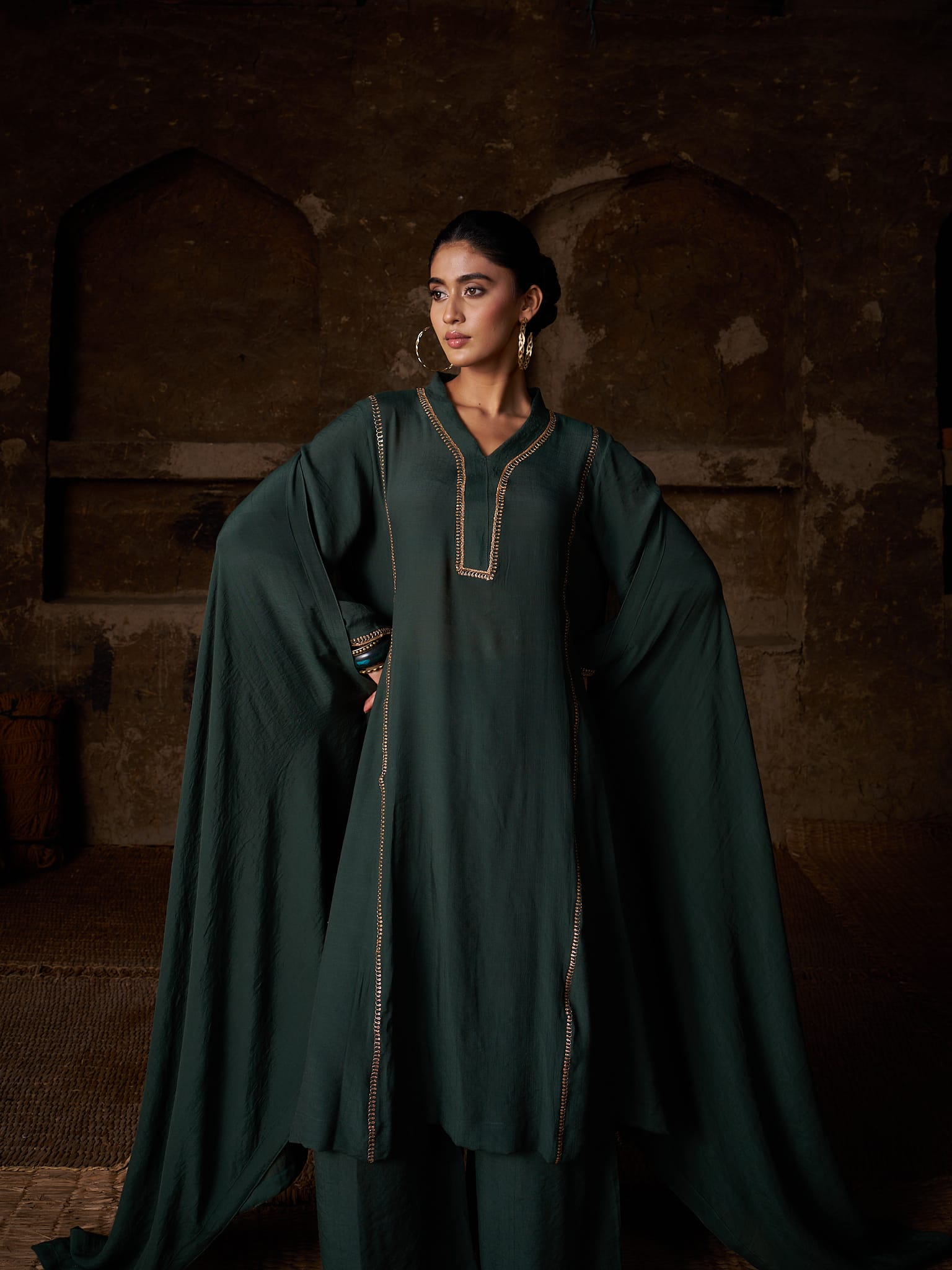 Green Tilla Embroidered Round Kurta Palazzo Linen Crepe Dupatta