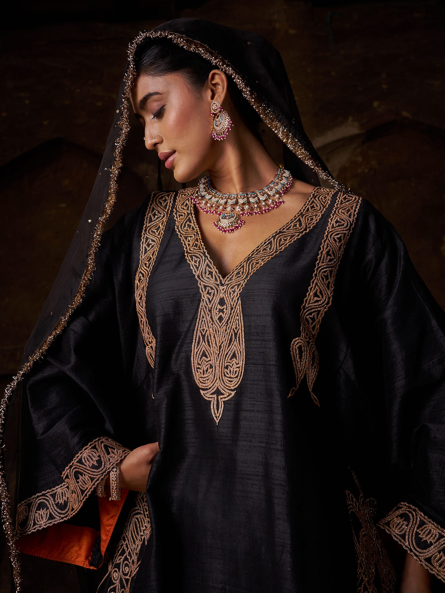 Black Raw Silk Kalidar Pheran Salwar Organza Mukaish Dupatta