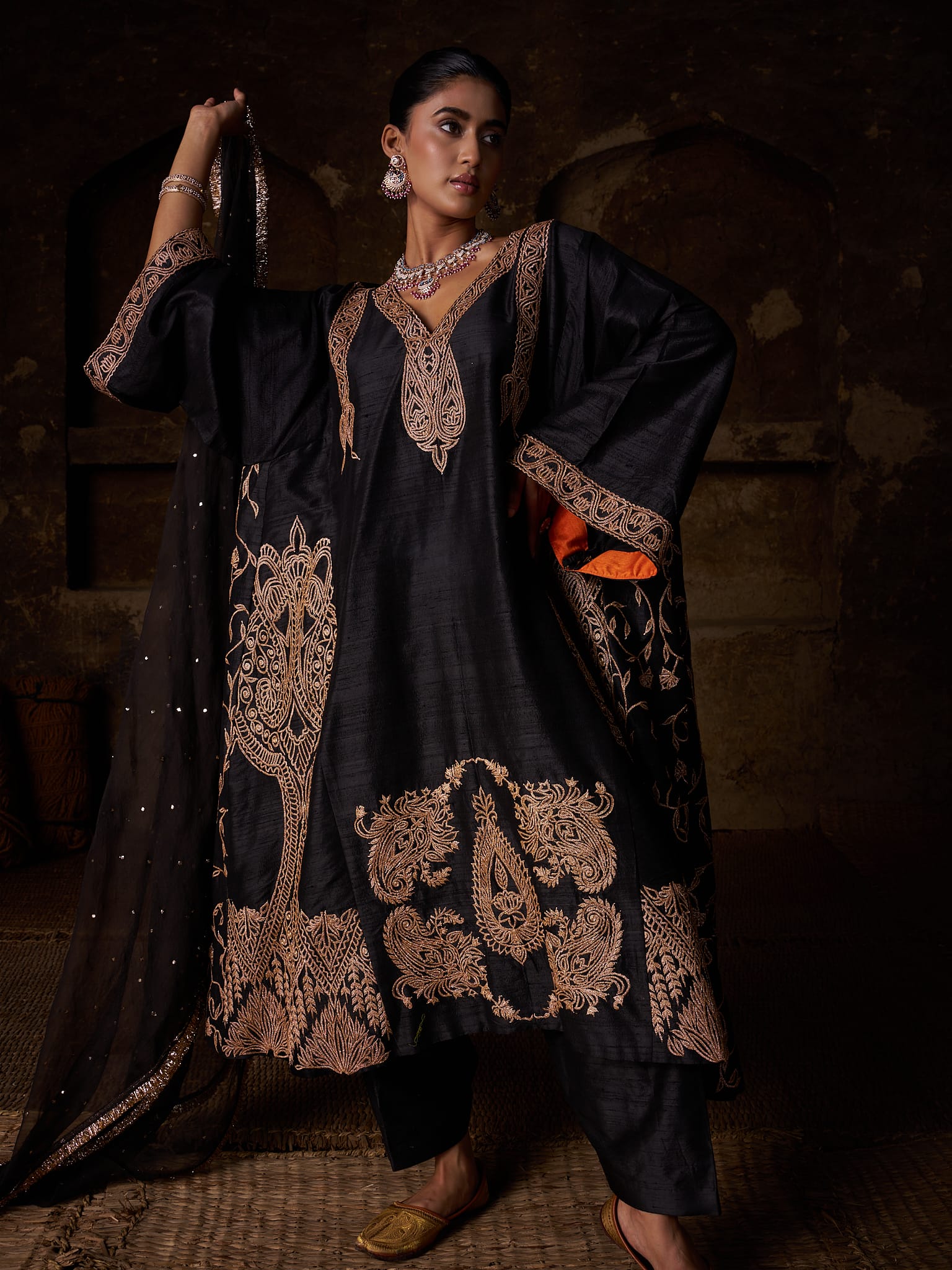 Black Raw Silk Kalidar Pheran Salwar Organza Mukaish Dupatta