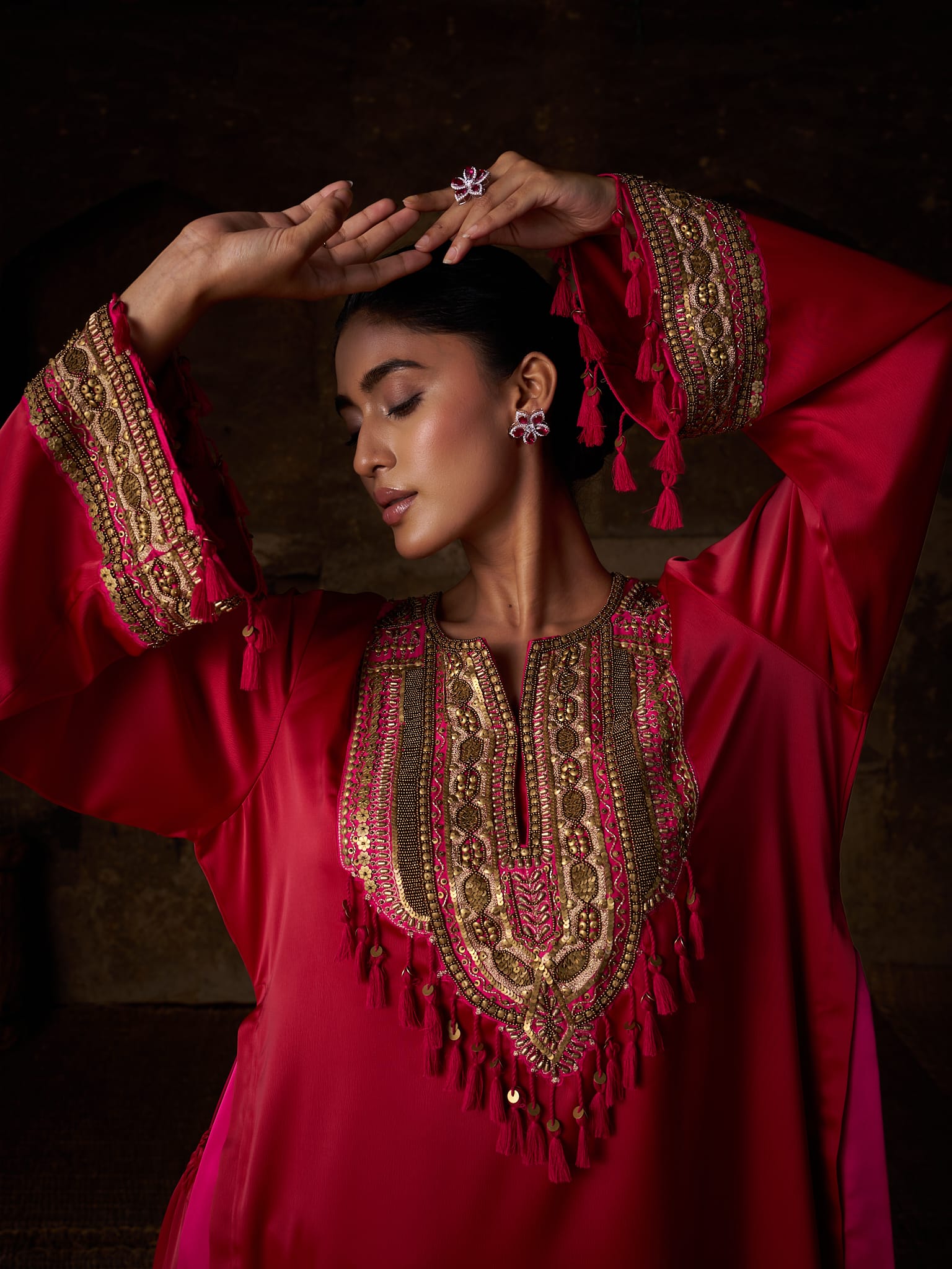 Red Hand Embroidered High Slit Shirt palazzo Organza Dupatta