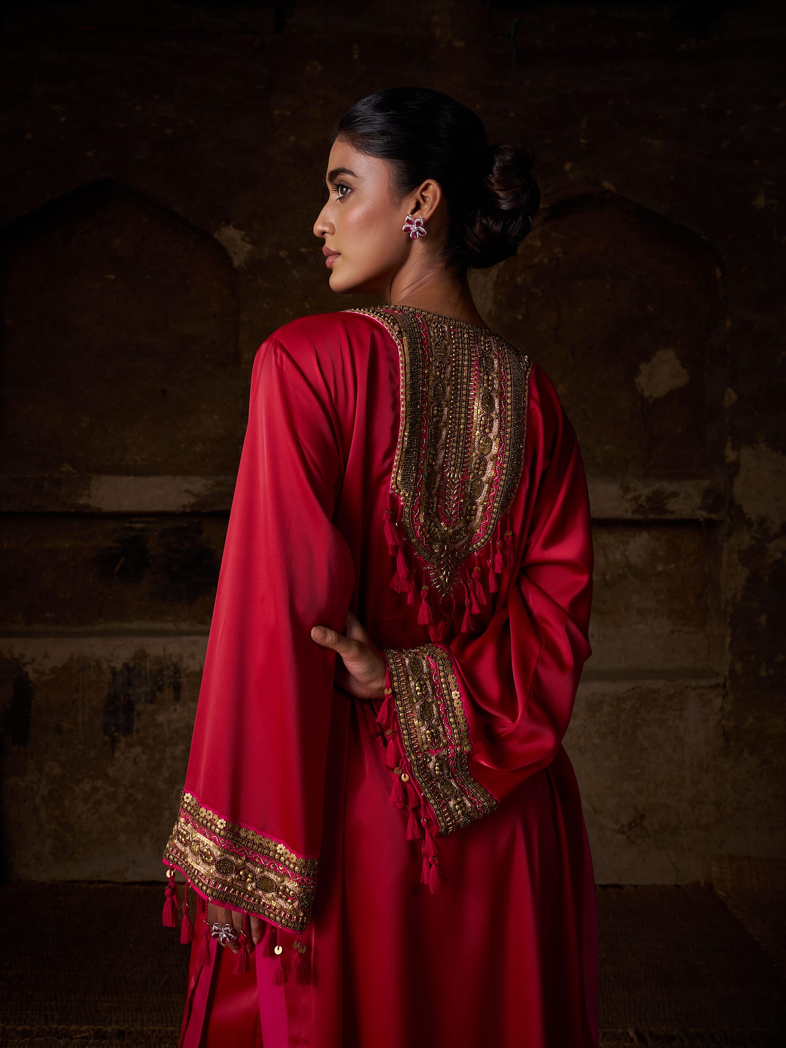 Red Hand Embroidered High Slit Shirt palazzo Organza Dupatta