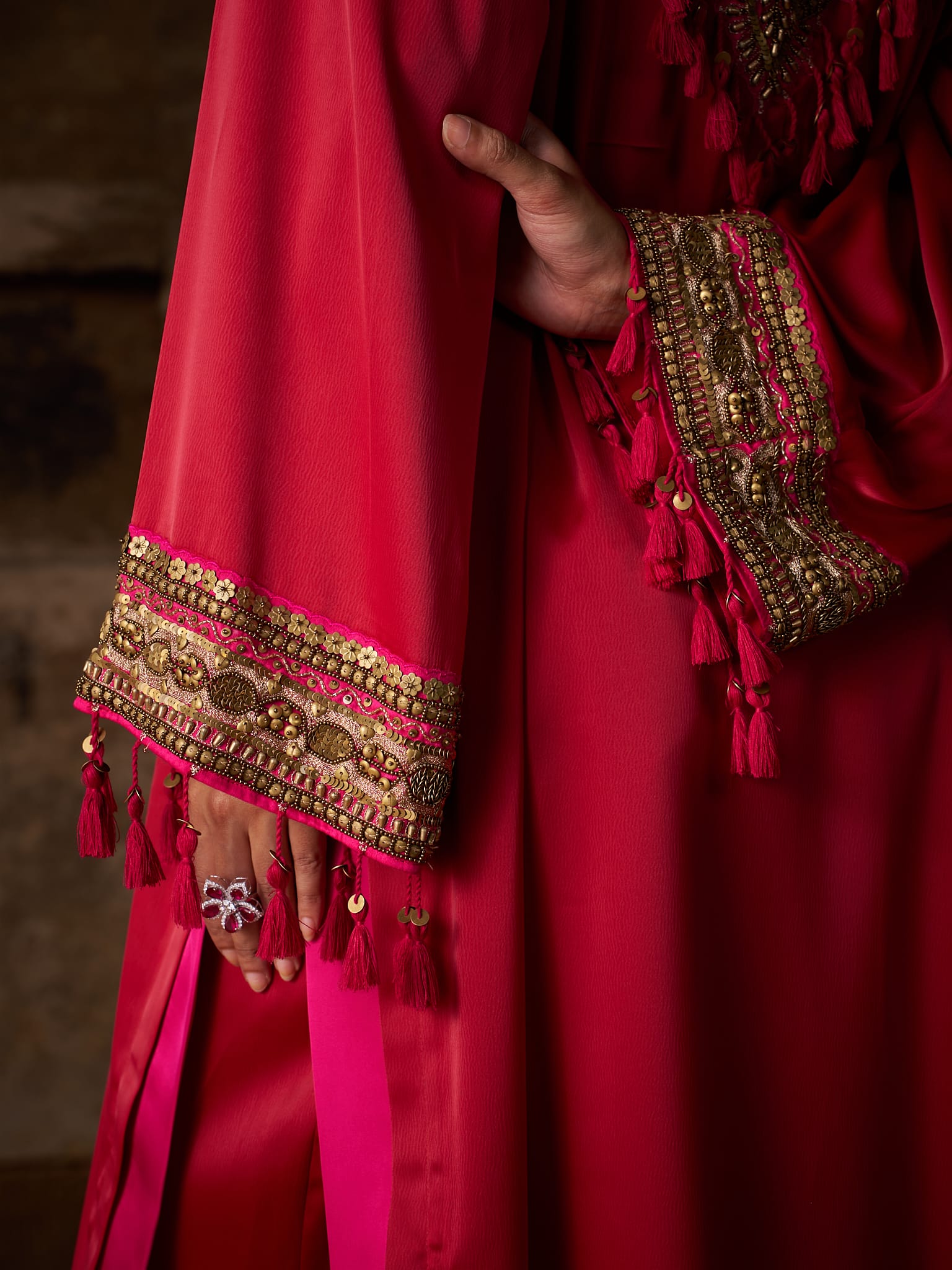 Red Hand Embroidered High Slit Shirt palazzo Organza Dupatta