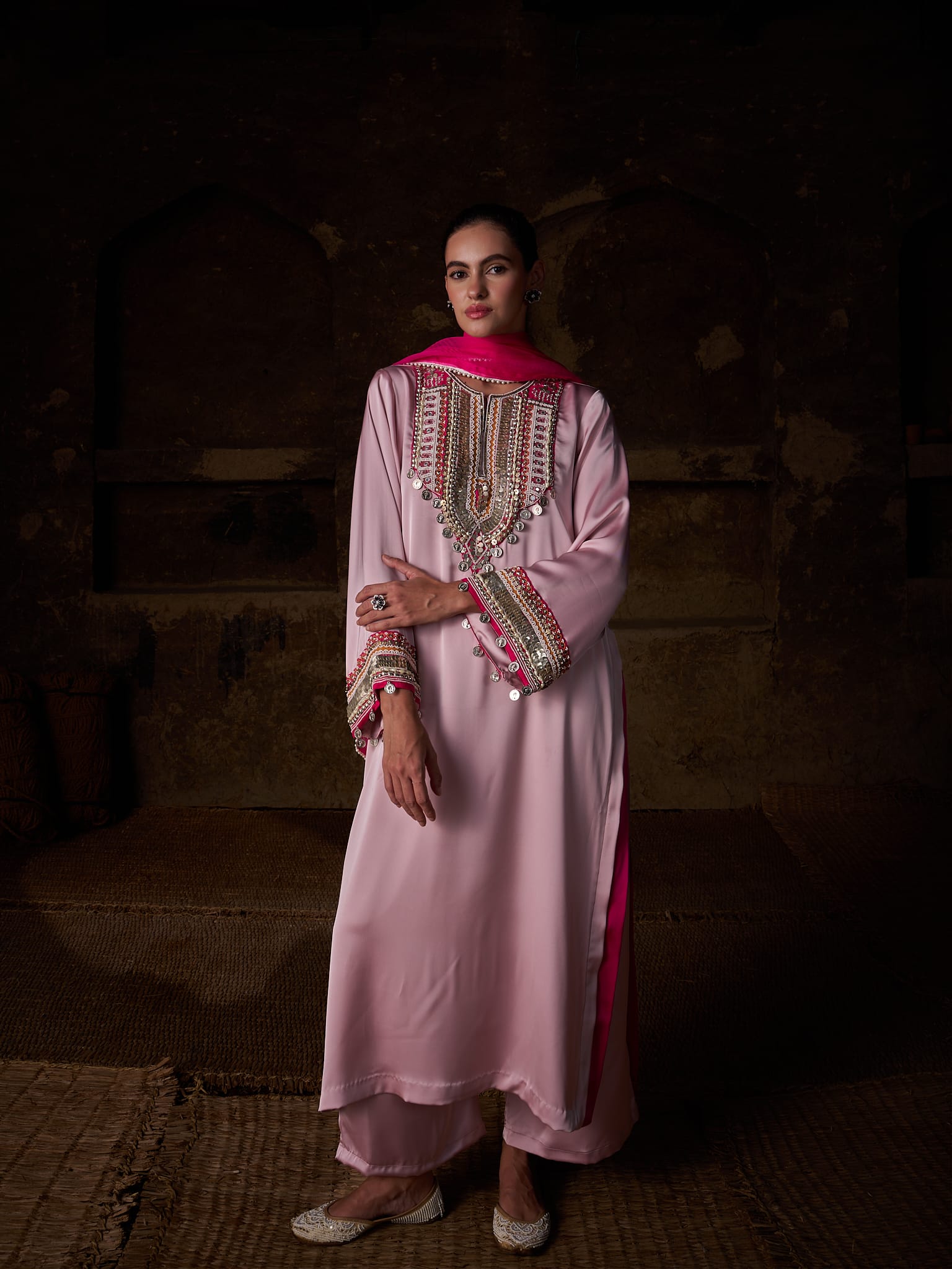 Pink Hand Embroidered  High Slit Shirt Palazzo Organza Dupatta