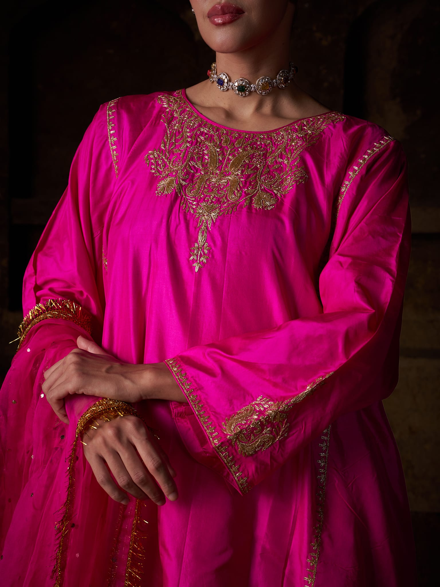 Hot Pink Tilla Embroidered Pheran Salwar Organza Mukaish Dupatta