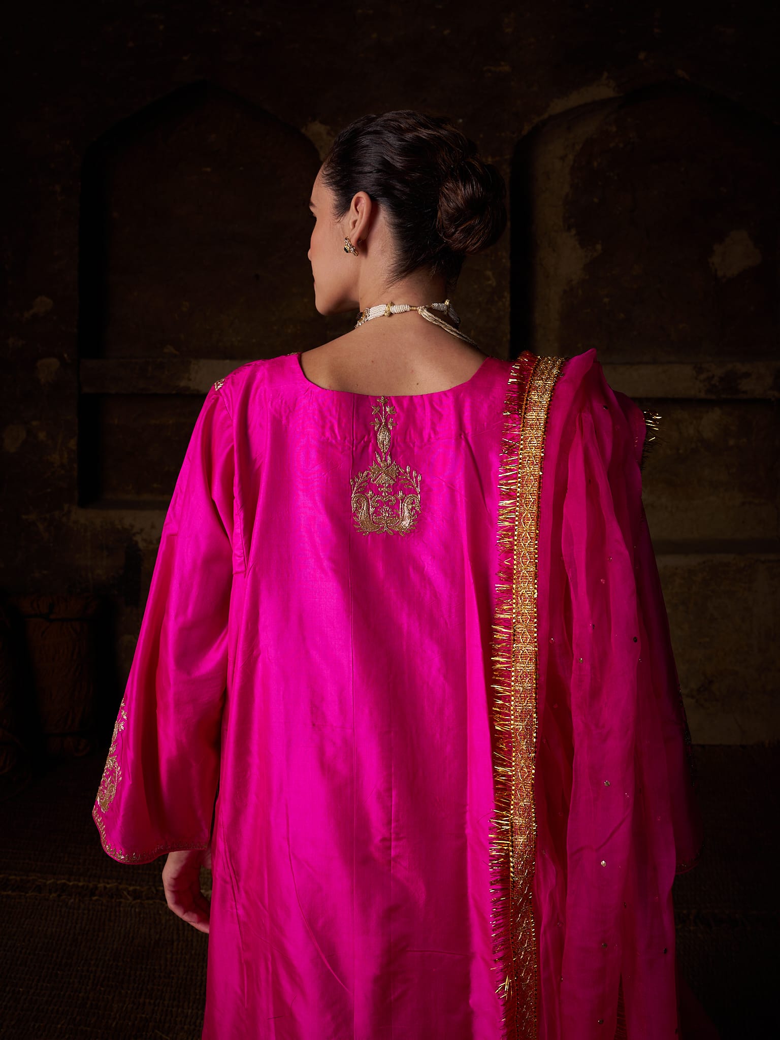 Hot Pink Tilla Embroidered Pheran Salwar Organza Mukaish Dupatta