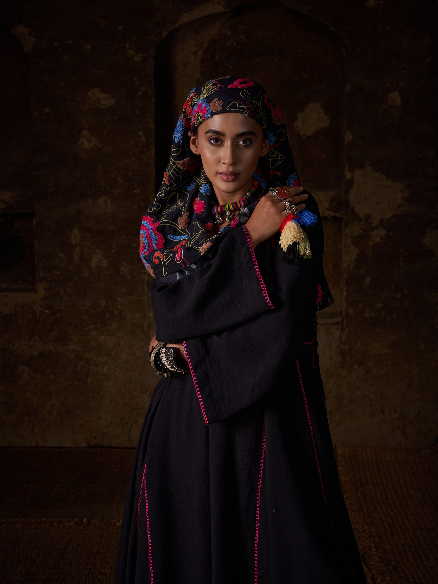 Black Ari Embroidered Round Kurta Palazzo Scarf