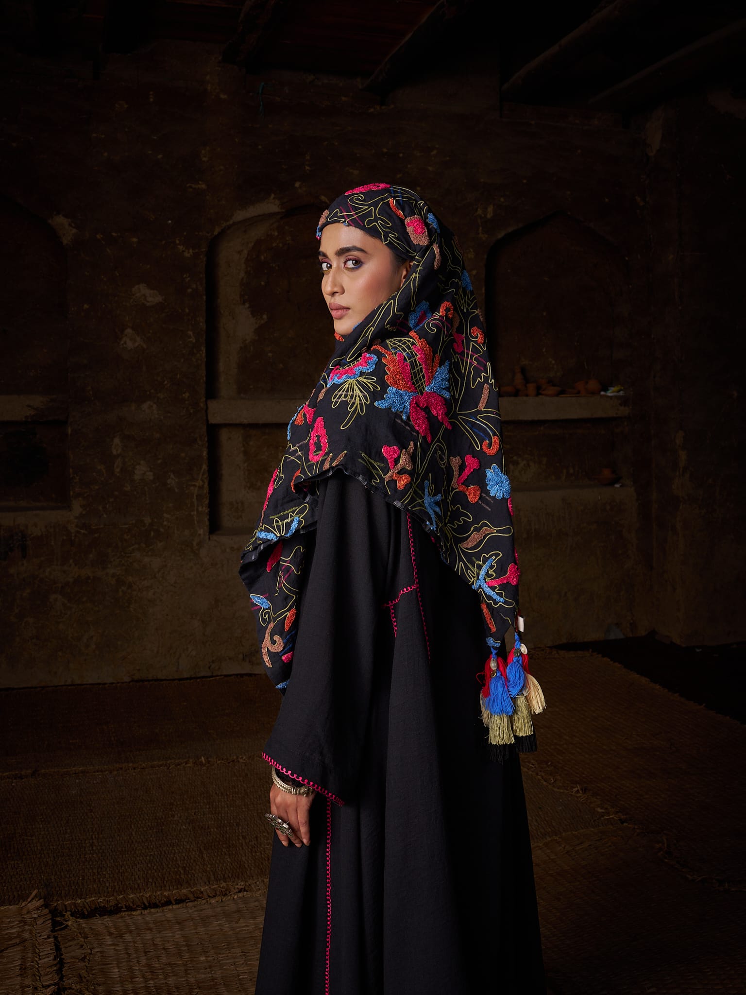 Black Ari Embroidered Round Kurta Palazzo Scarf
