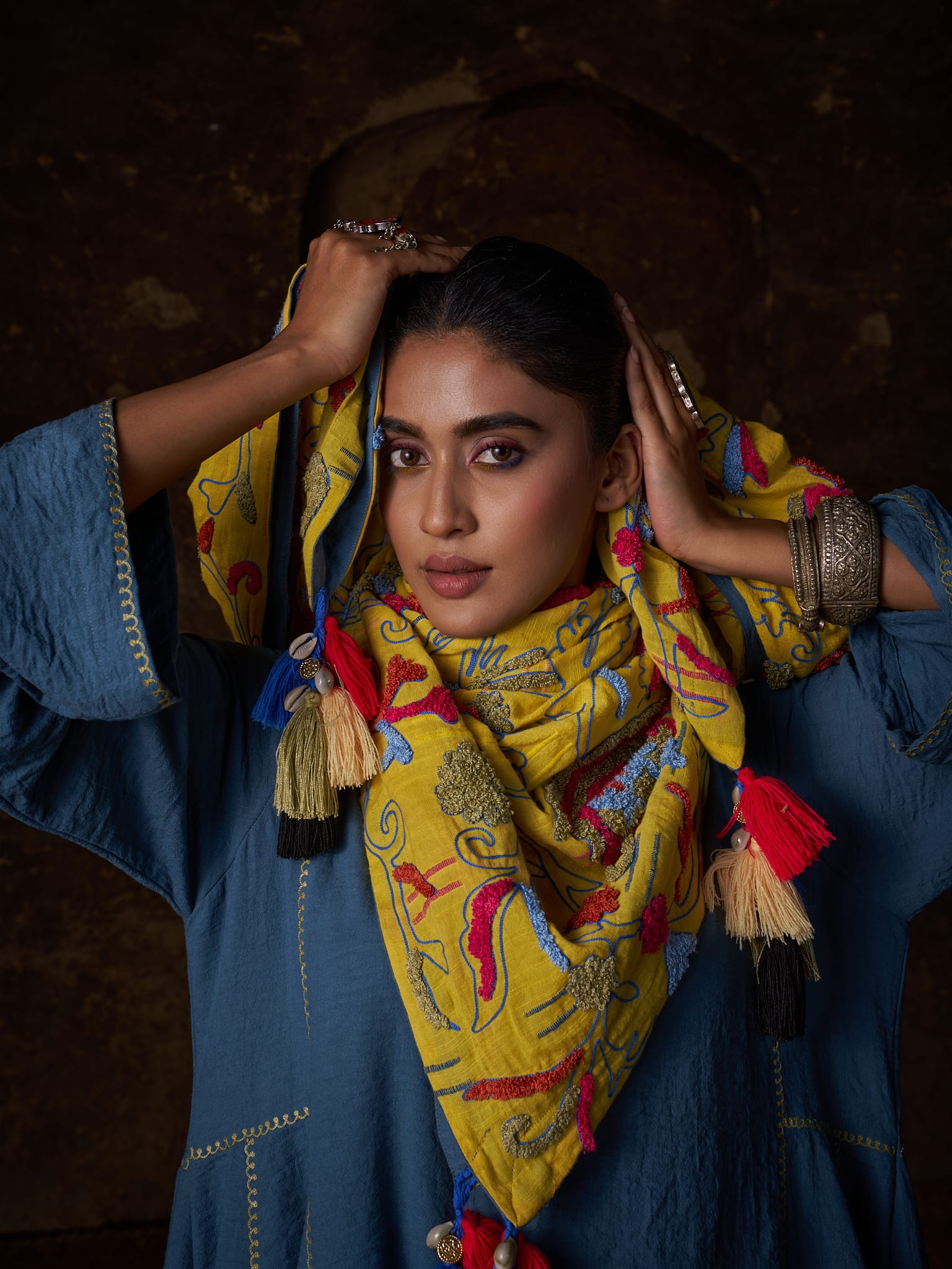 Blue Ari Embroidered Round Kurta Palazzo Scarf