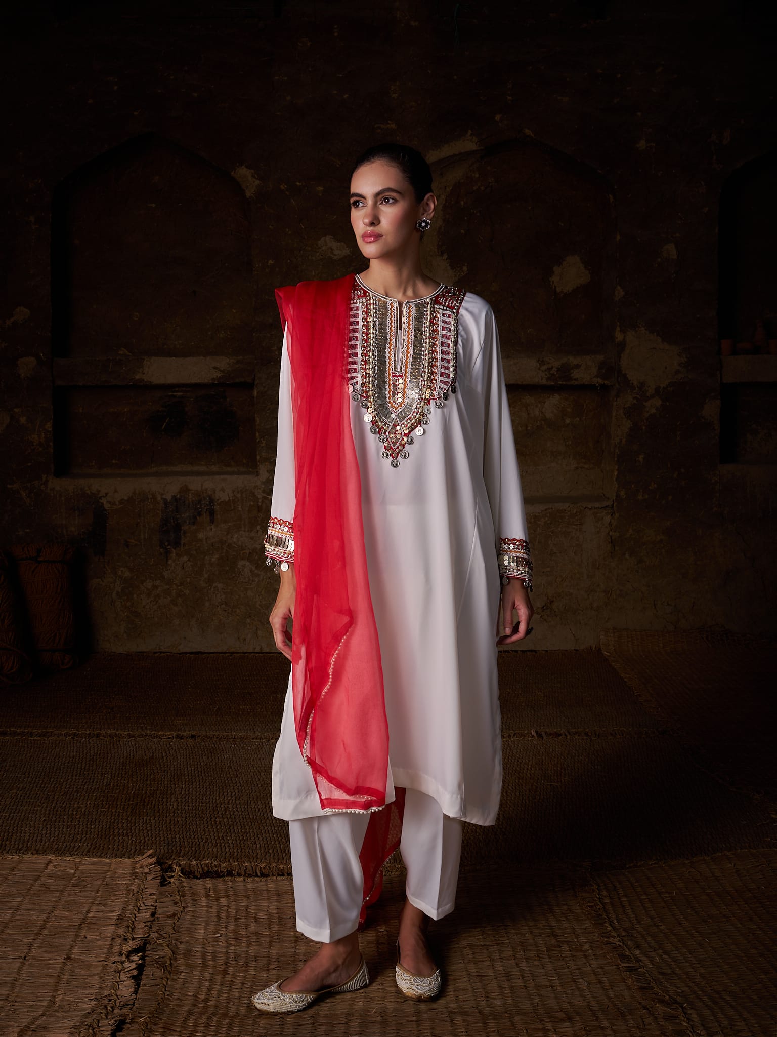 White Hand Embroidered Pheran Salwar Organza Dupatta