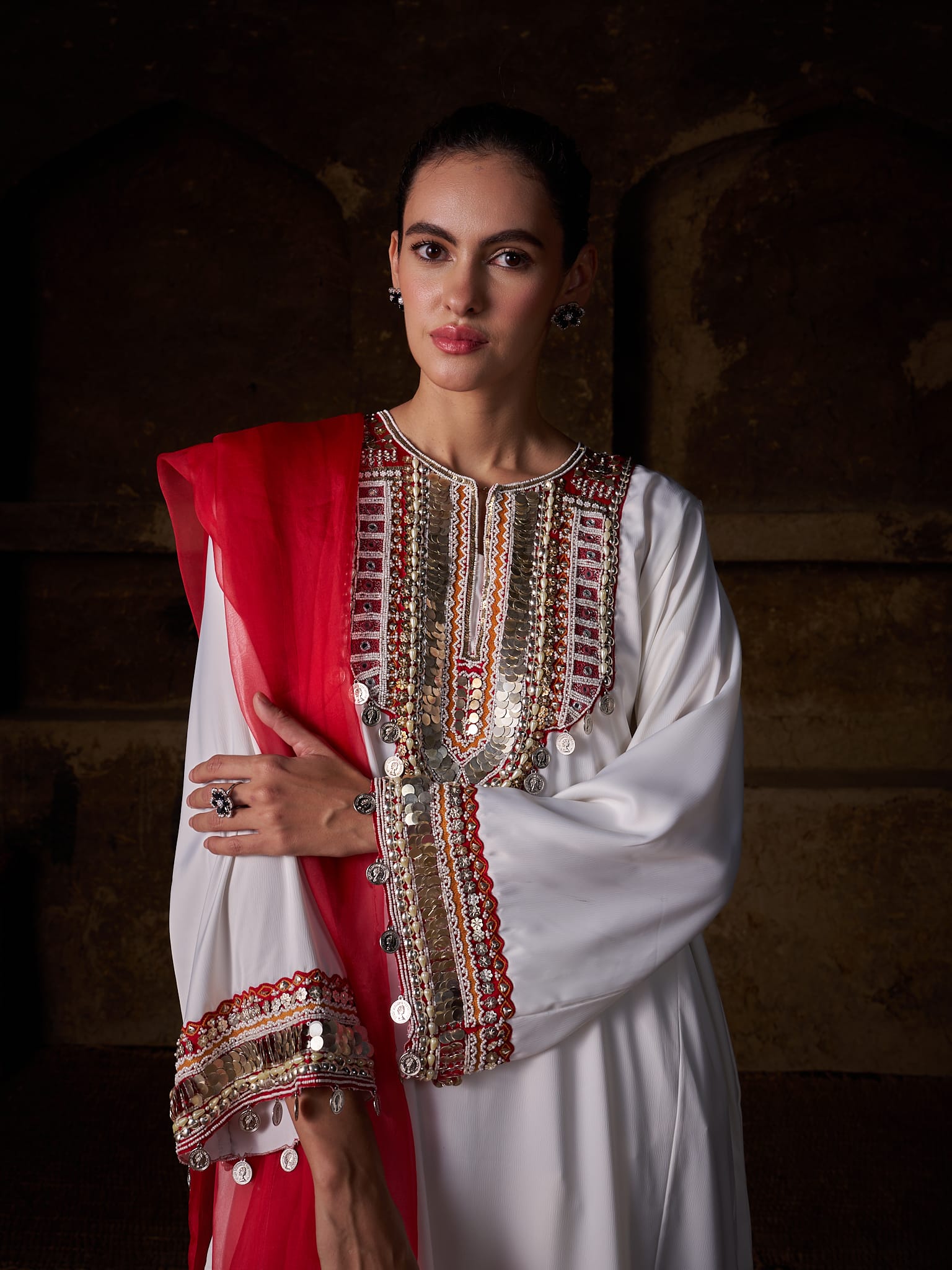 White Hand Embroidered Pheran Salwar Organza Dupatta - Image 2